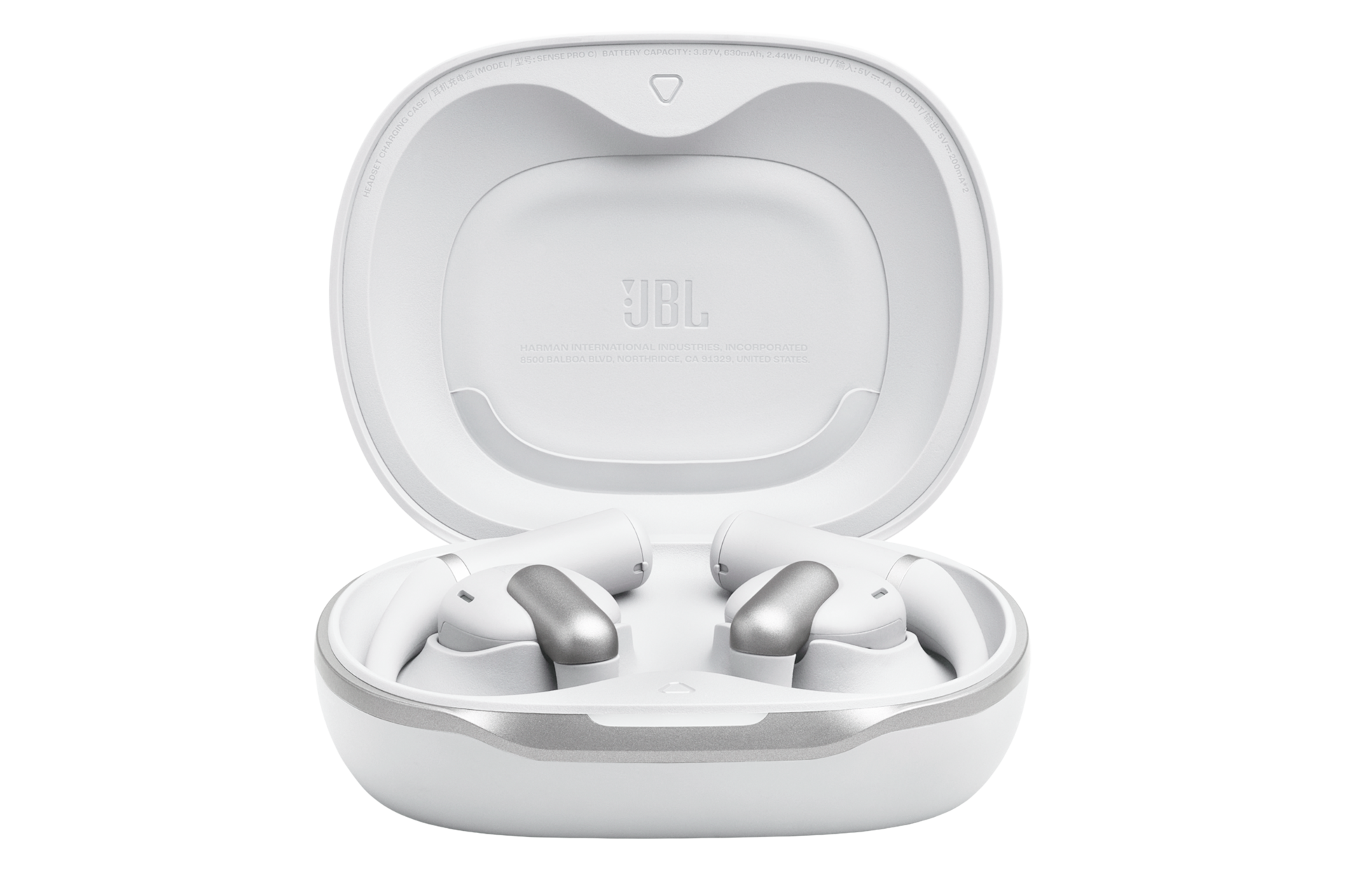 JBL SENSE PRO 오픈 이어 블루투스 이어폰 화이트 케이스가 열린 모습