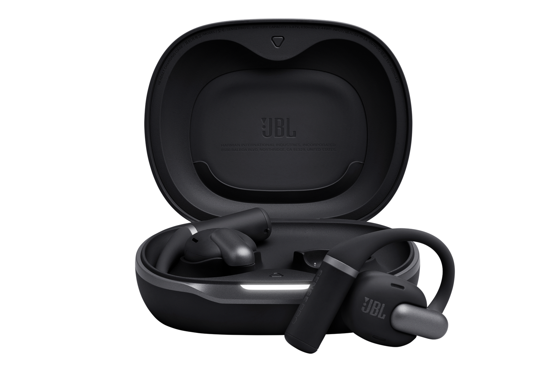 JBL SENSE PRO 오픈 이어 블루투스 이어폰 블랙 케이스가 열려 있으며 우측 이어폰이 케이스 밖으로 나와 있는 모습