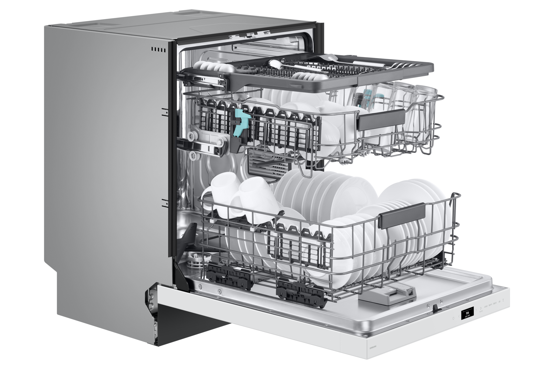 Bespoke AI 식기세척기 빌트인 14인용 에센셜 화이트 좌측면, 바스켓 아웃(컵, 식기 포함)
