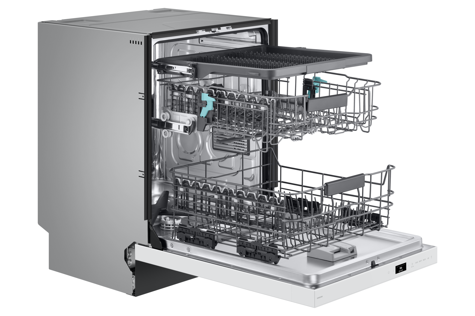 Bespoke AI 식기세척기 빌트인 14인용 에센셜 화이트 좌측면, 바스켓 아웃