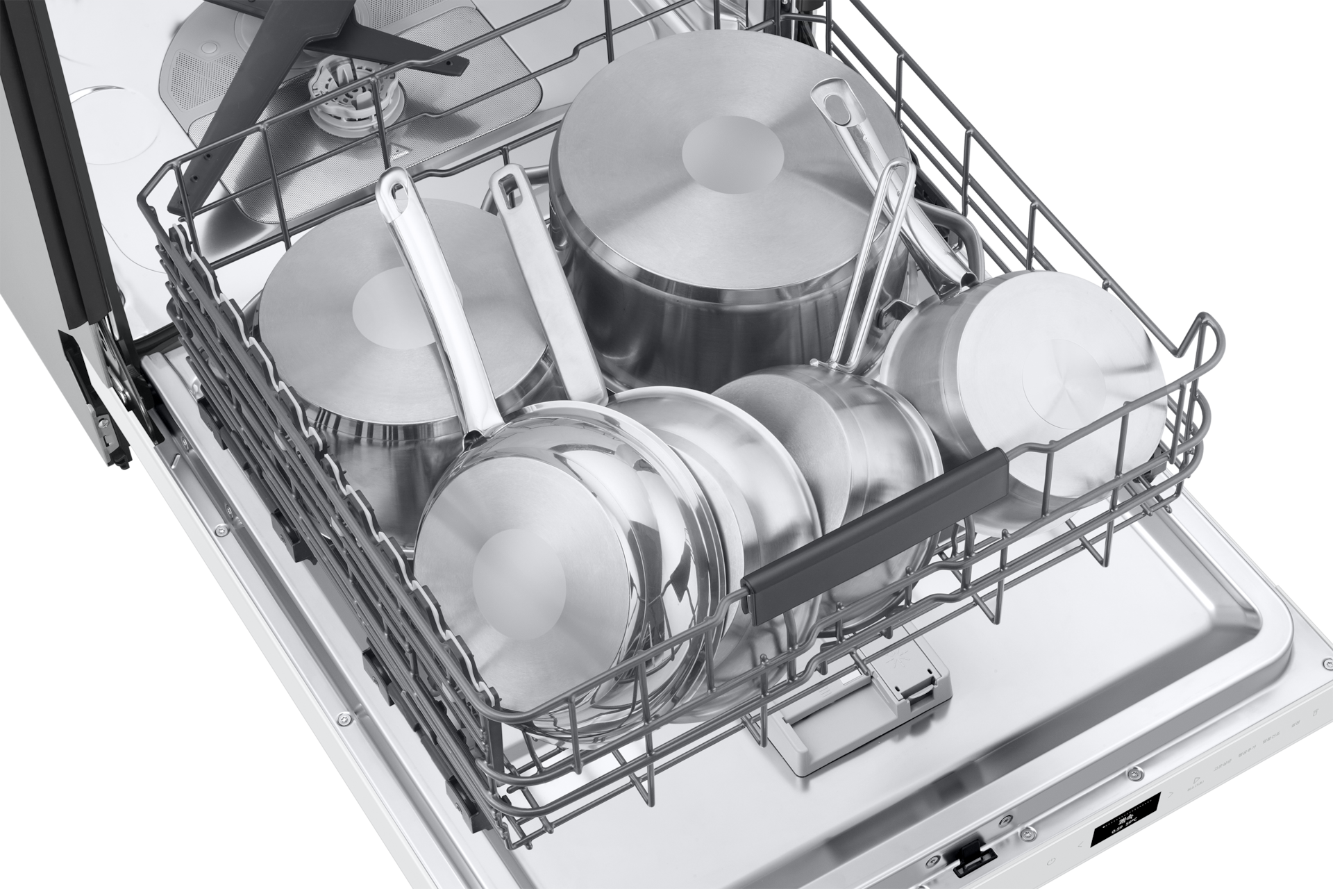 Bespoke AI 식기세척기 빌트인 14인용 에센셜 화이트 상단 시점, 하단 바스켓 확대(식기 포함)