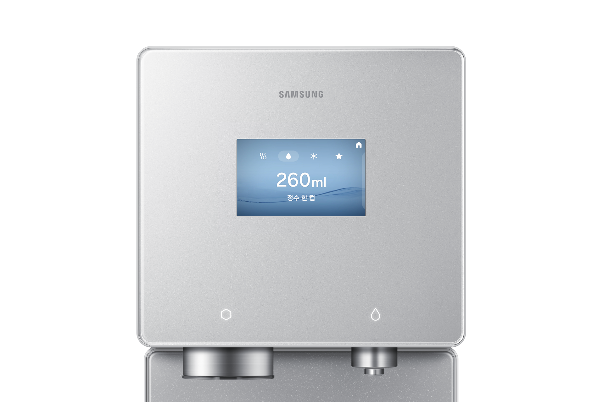 Bespoke AI 얼음정수기 (냉/온/정수) 새틴 그레이지 정면 디스플레이 확대