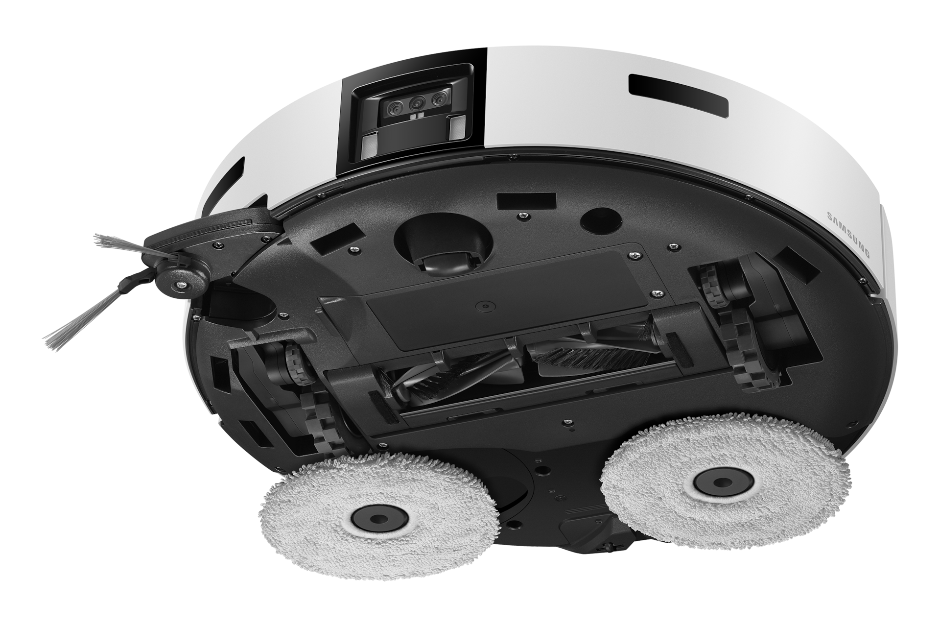 Bespoke AI 스팀 울트라 새틴 그레이지 사이드 브러시와 물걸레가 팝아웃된 하단