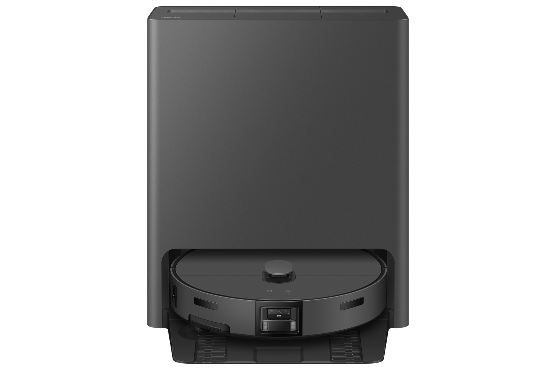 Bespoke AI 스팀 울트라 새틴 차콜 스팀 청정스테이션에 도킹 되어있는 정면 