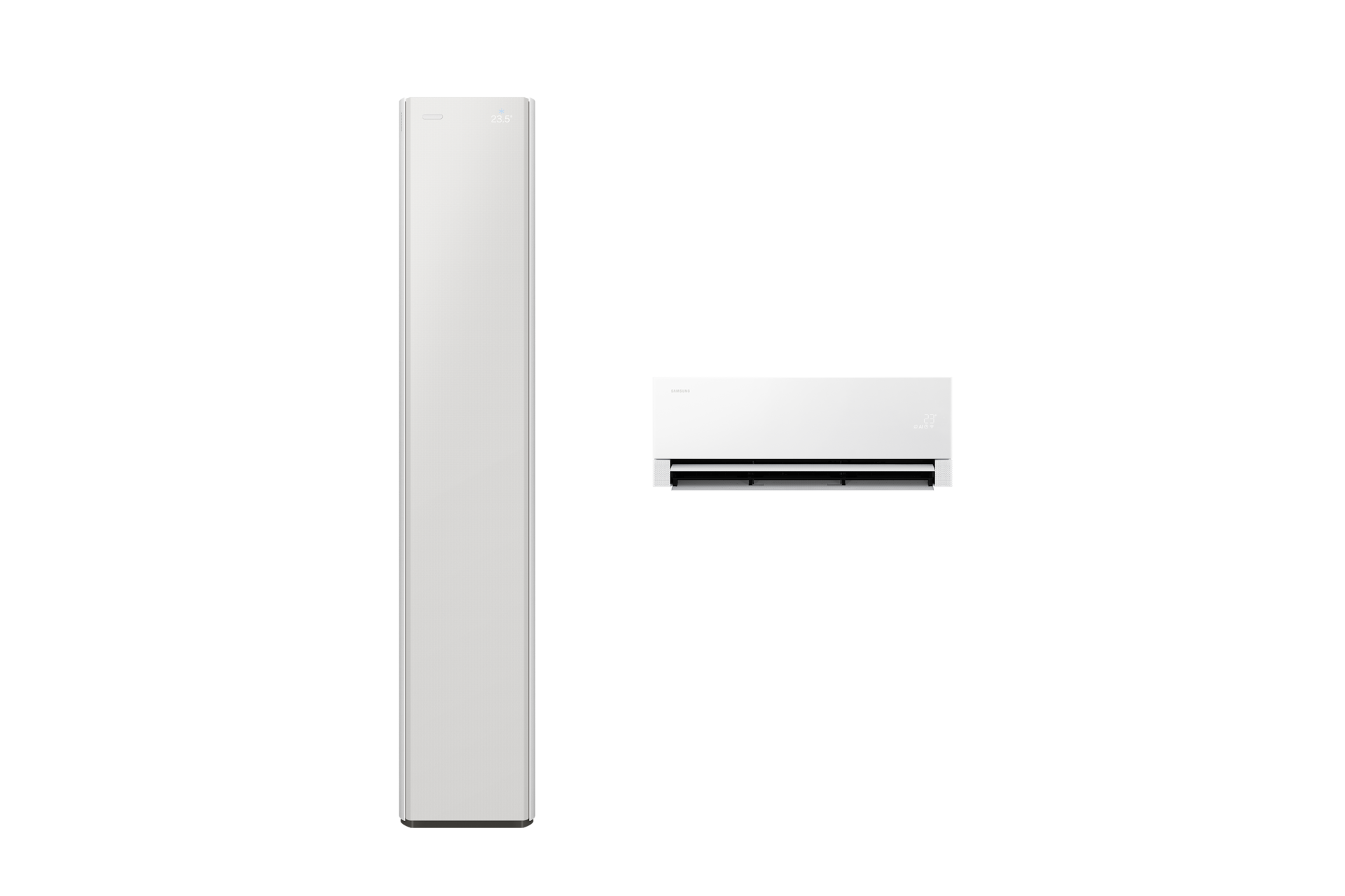 Bespoke AI 무풍콤보 갤러리 프로 62.6/18.7㎡ (선매립) 전원이 켜져 있는 좌측 스탠드 에어컨 정면 우측 벽걸이 에어컨 정면