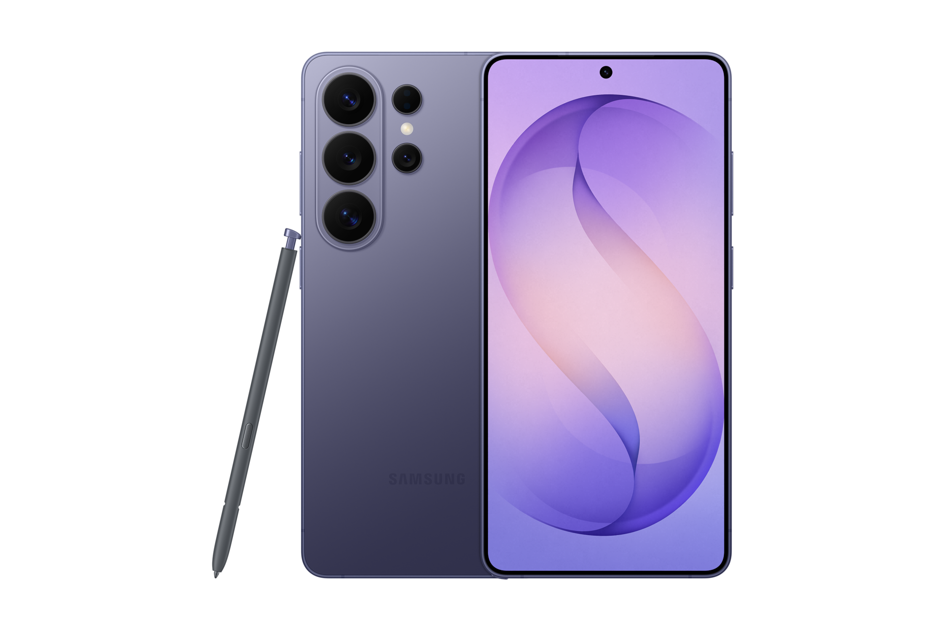 갤럭시 S26 울트라 자급제 코발트 바이올렛  두대의 핸드폰이 왼쪽에는 카메라 홀이 보이는 뒷면으로 놓여있고 핸드폰 왼쪽에는 S펜이 기대어져 있습니다. 오른쪽에는 디스플레이가 보이는 정면으로 놓여 있습니다. 