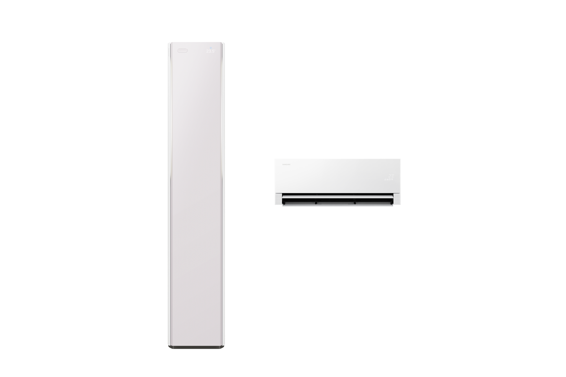 Bespoke AI 무풍콤보 갤러리 프로 청정 74.5/18.7㎡ 전원이 켜져 있는 좌측 스탠드 에어컨 정면 우측 벽걸이 에어컨 정면