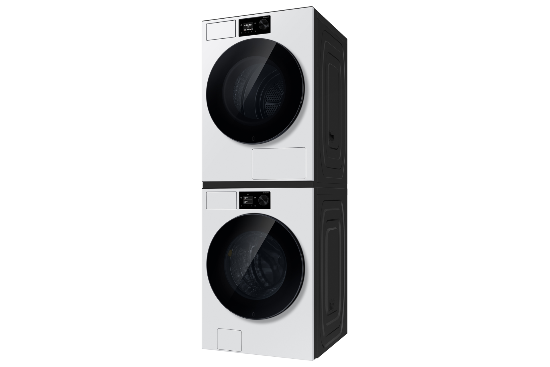 Bespoke AI 세탁기+건조기 21/18kg (71.1mm LCD)+상단 설치 키트 화이트 세탁기+건조기 우측면 30도