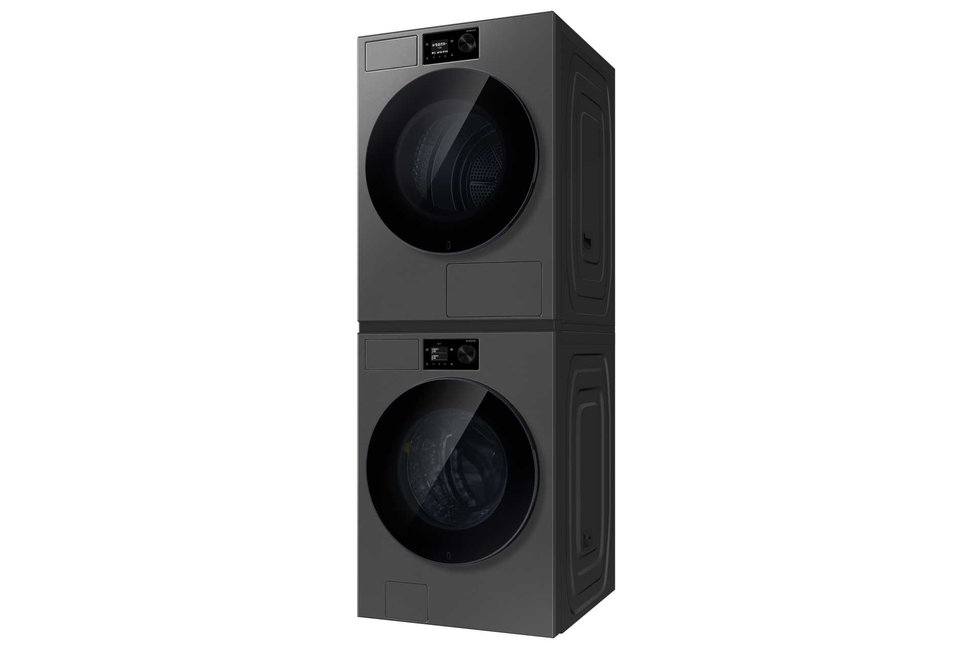 Bespoke AI 세탁기+건조기 21/18kg (71.1mm LCD)+상단 설치 키트 다크스틸 세탁기+건조기 우측면 30도
