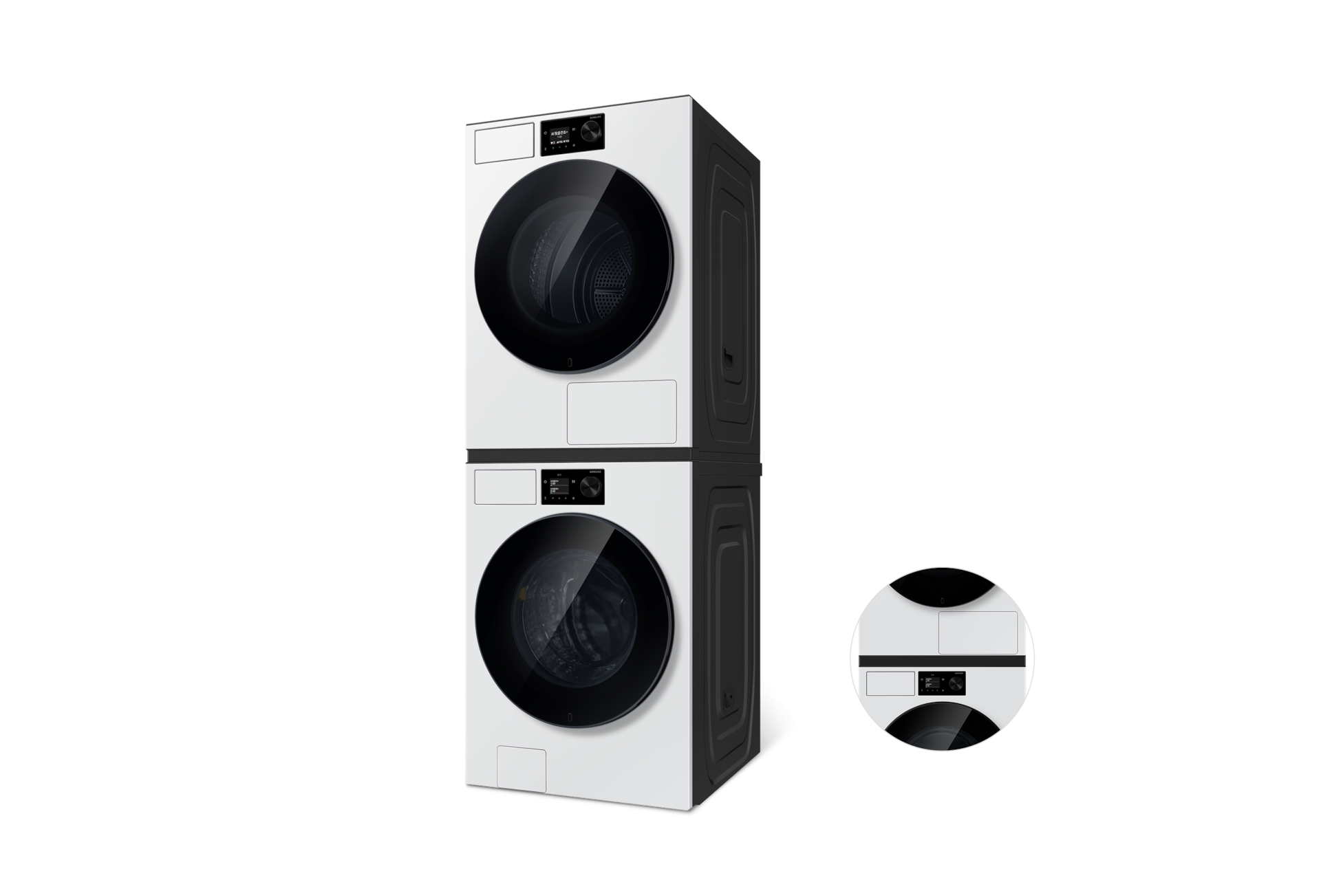 Bespoke AI 세탁기+건조기 21/18kg (71.1mm LCD)+상단 설치 키트 화이트 우측면