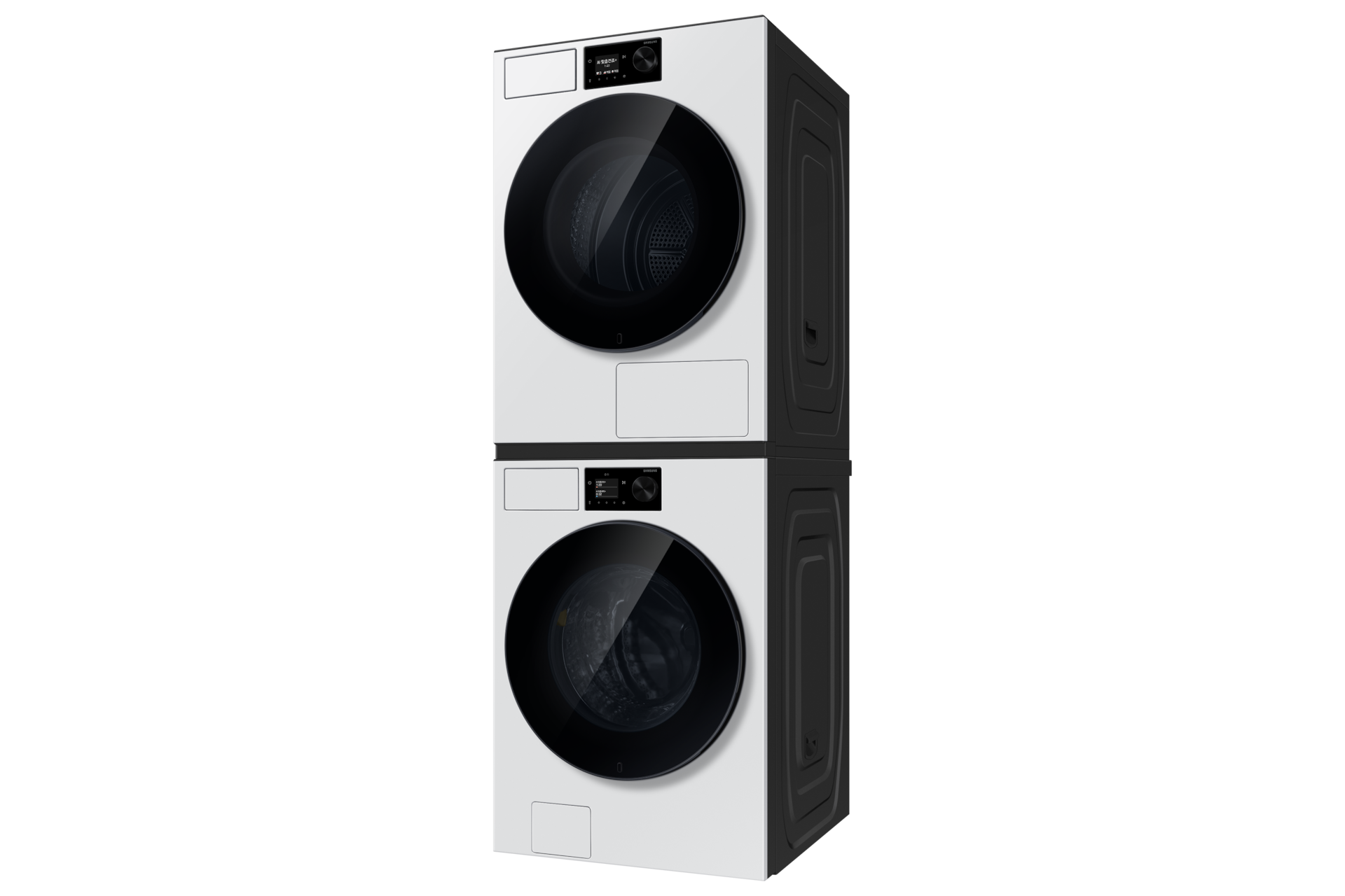 Bespoke AI 세탁기+건조기 24/22kg (71.1mm LCD)+상단 설치 키트 화이트 세탁기+건조기 우측면 30도