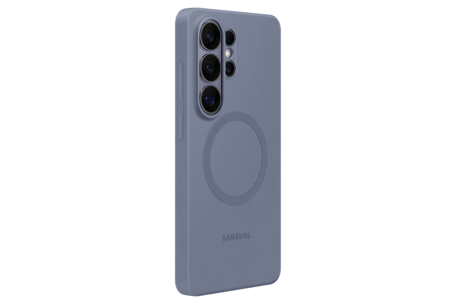 갤럭시 S26 울트라 실리콘 마그넷 케이스 (블루 바이올렛) 기기가 장착된 우측으로 45도 돌아간 후면 이미지