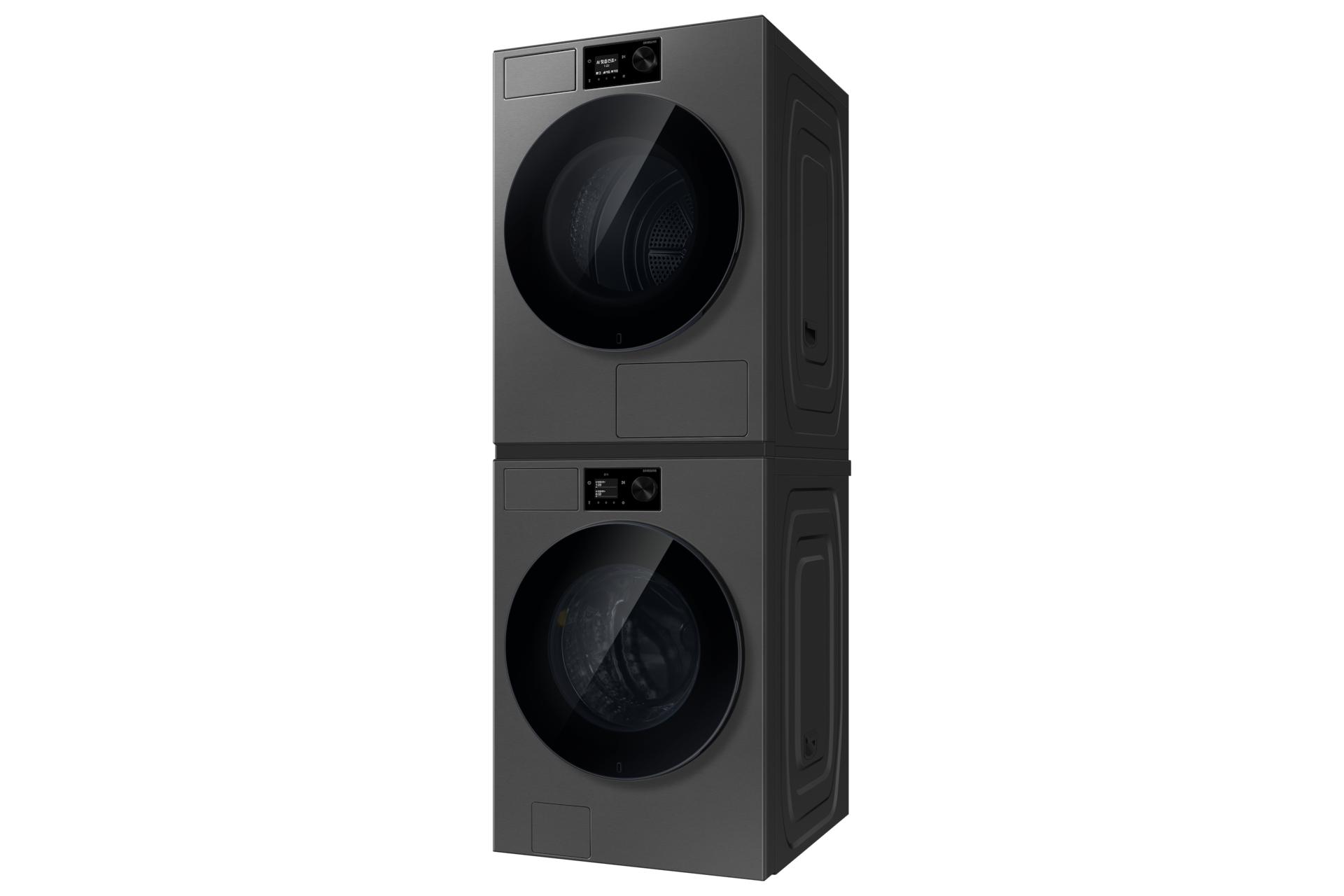 Bespoke AI 세탁기+건조기 21/20kg (71.1mm LCD)+상단 설치 키트 다크스틸 세탁기+건조기 우측면 30도