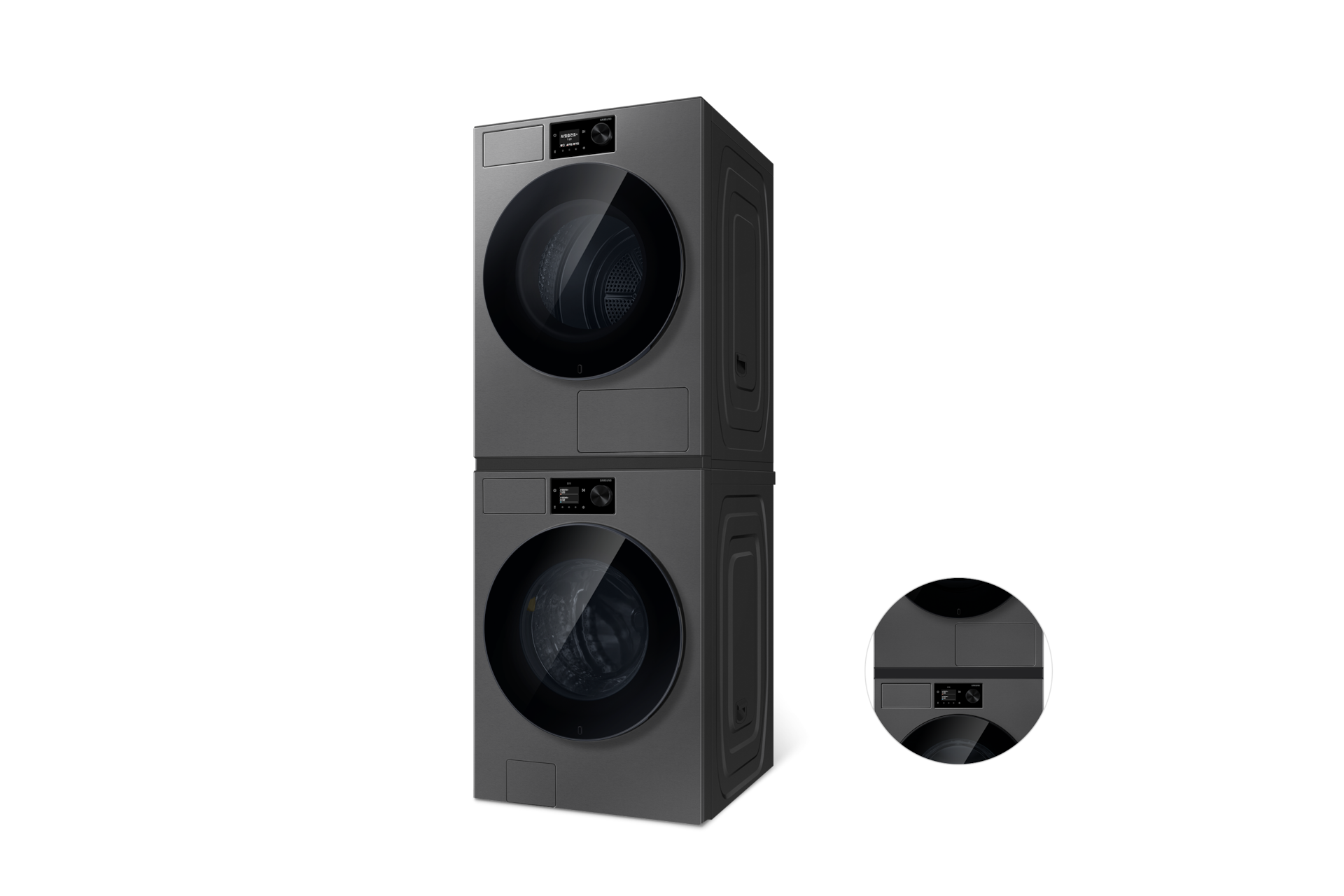 Bespoke AI 세탁기+건조기 24/18kg (71.1mm LCD)+상단 설치 키트 다크스틸 우측면