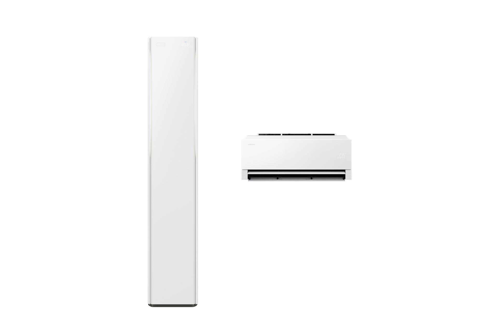 Bespoke AI 무풍콤보 갤러리 프로 청정 81.8/18.7㎡ 전원이 켜져 있는 스탠드 에어컨, 벽걸이 에어컨 정면 컷