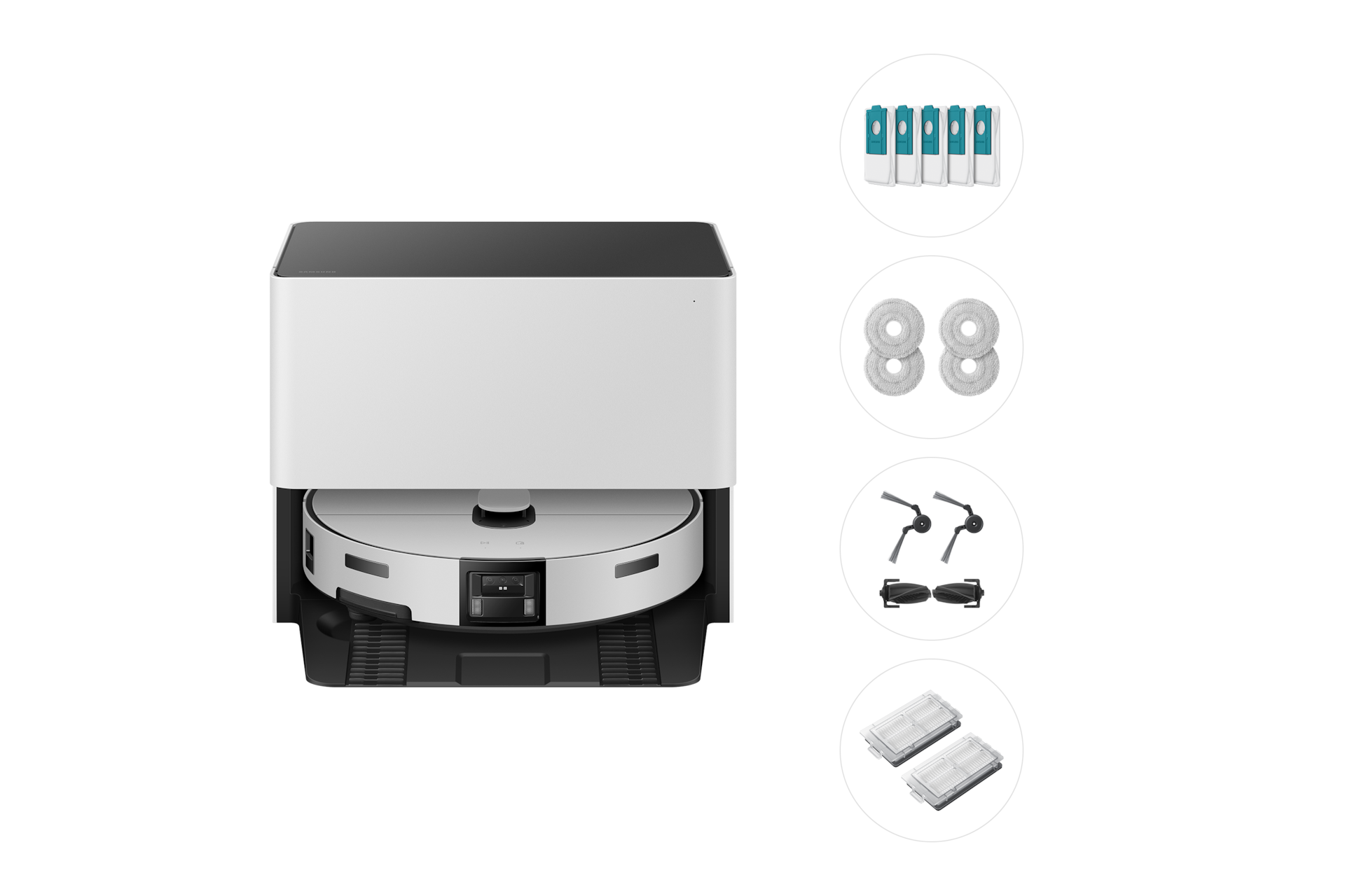 Bespoke AI 스팀 울트라 자동 급배수 (리폼비 포함)+먼지봉투+다회용포+브러시 키트+모터필터 새틴 그레이지 스팀 울트라 정면 이미지와 구성품 나열한 정면 이미지