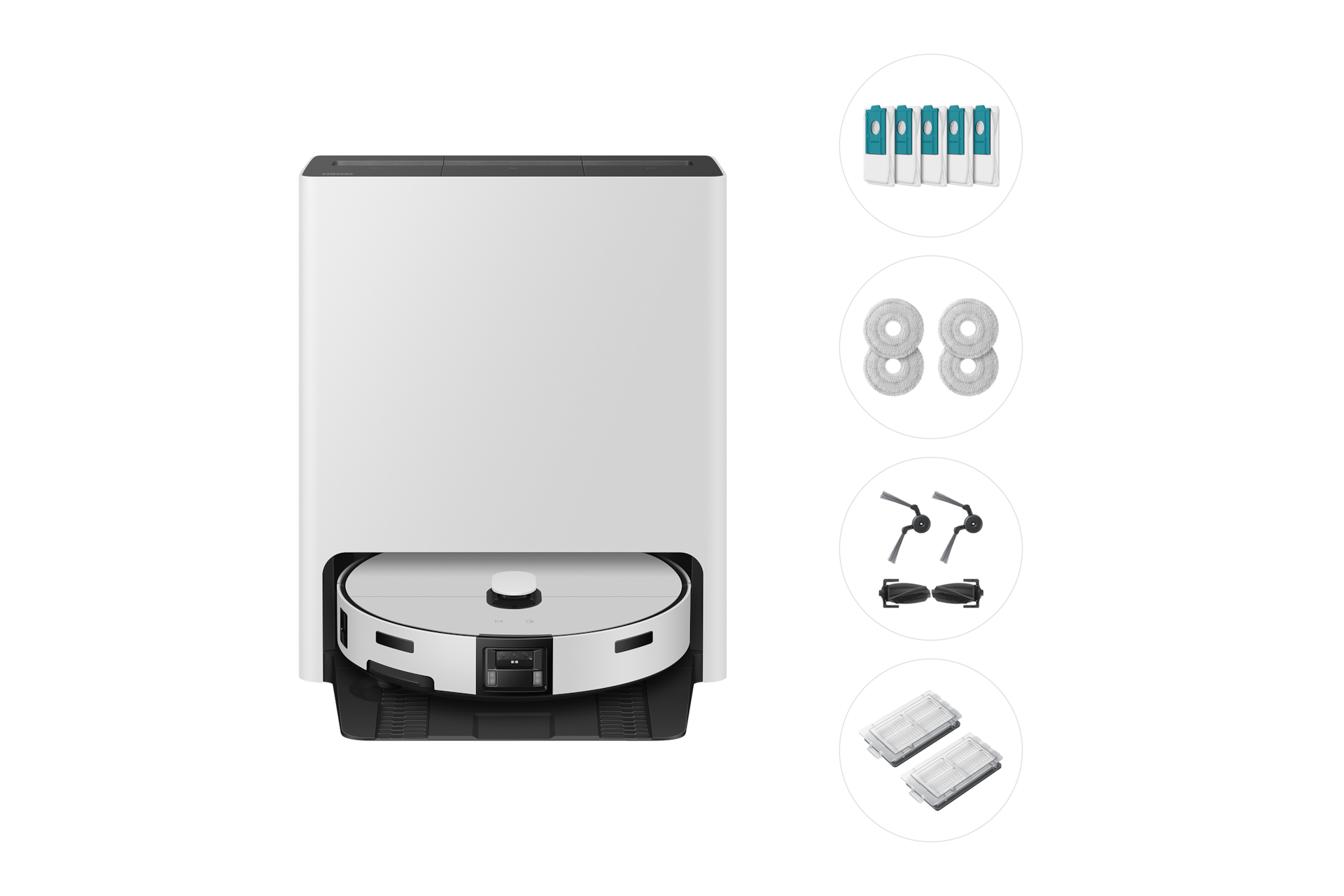 Bespoke AI 스팀 울트라+먼지봉투+다회용포+브러시 키트+모터필터 새틴 그레이지 스팀 울트라 정면 이미지와 구성품을 위에서 아래로 나열한 이미지