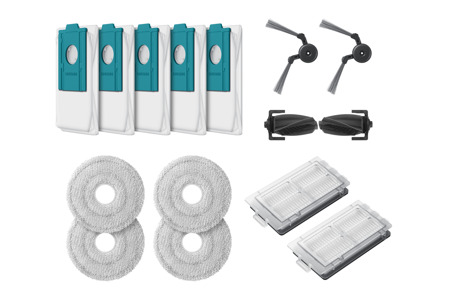Bespoke AI 스팀용 먼지봉투+다회용포+브러시 키트+모터필터 패키지 구성품을 나열한 정면