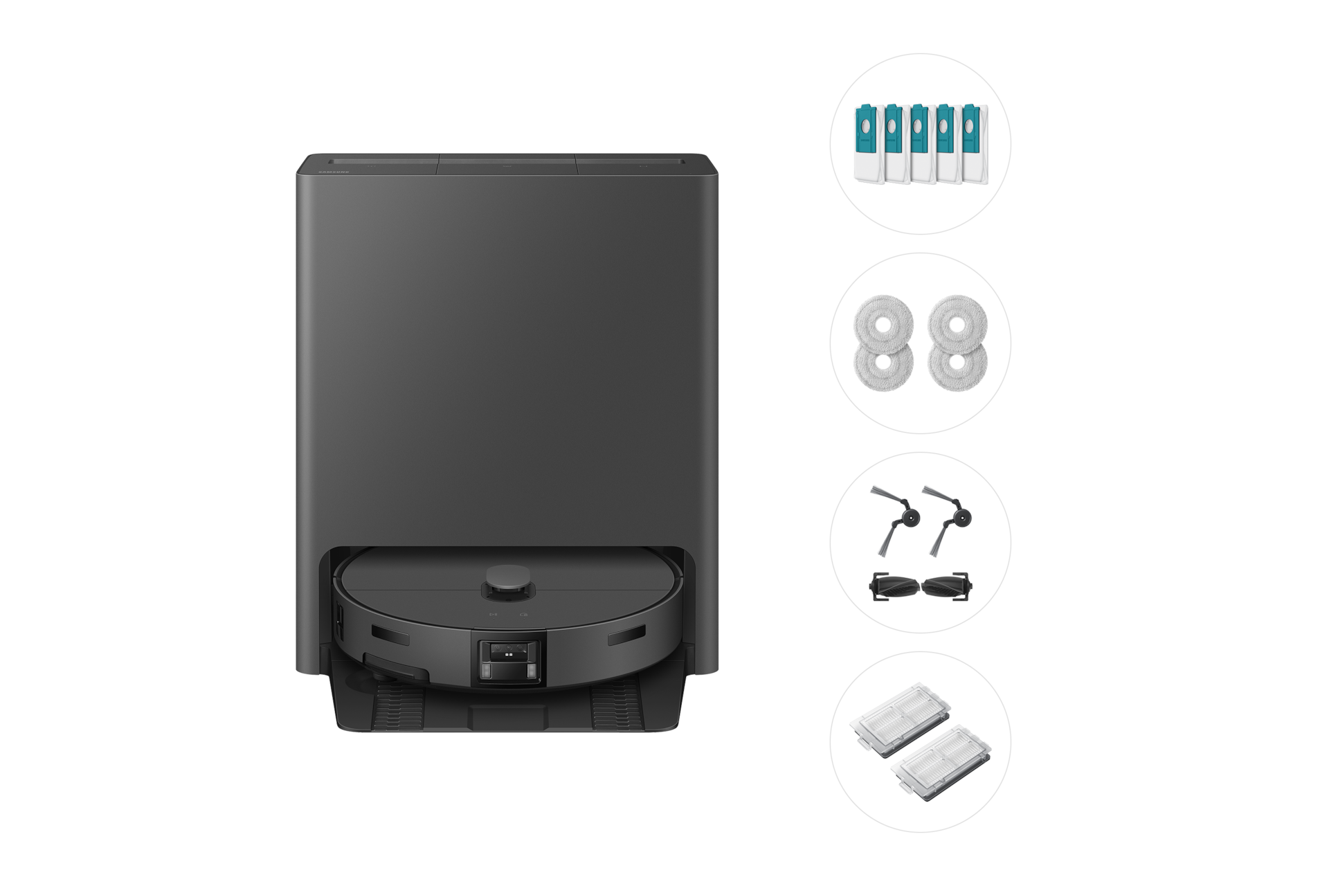 Bespoke AI 스팀 울트라+먼지봉투+다회용포+브러시 키트+모터필터 새틴 차콜 스팀 울트라 정면 이미지와 구성품 나열한 정면 이미지