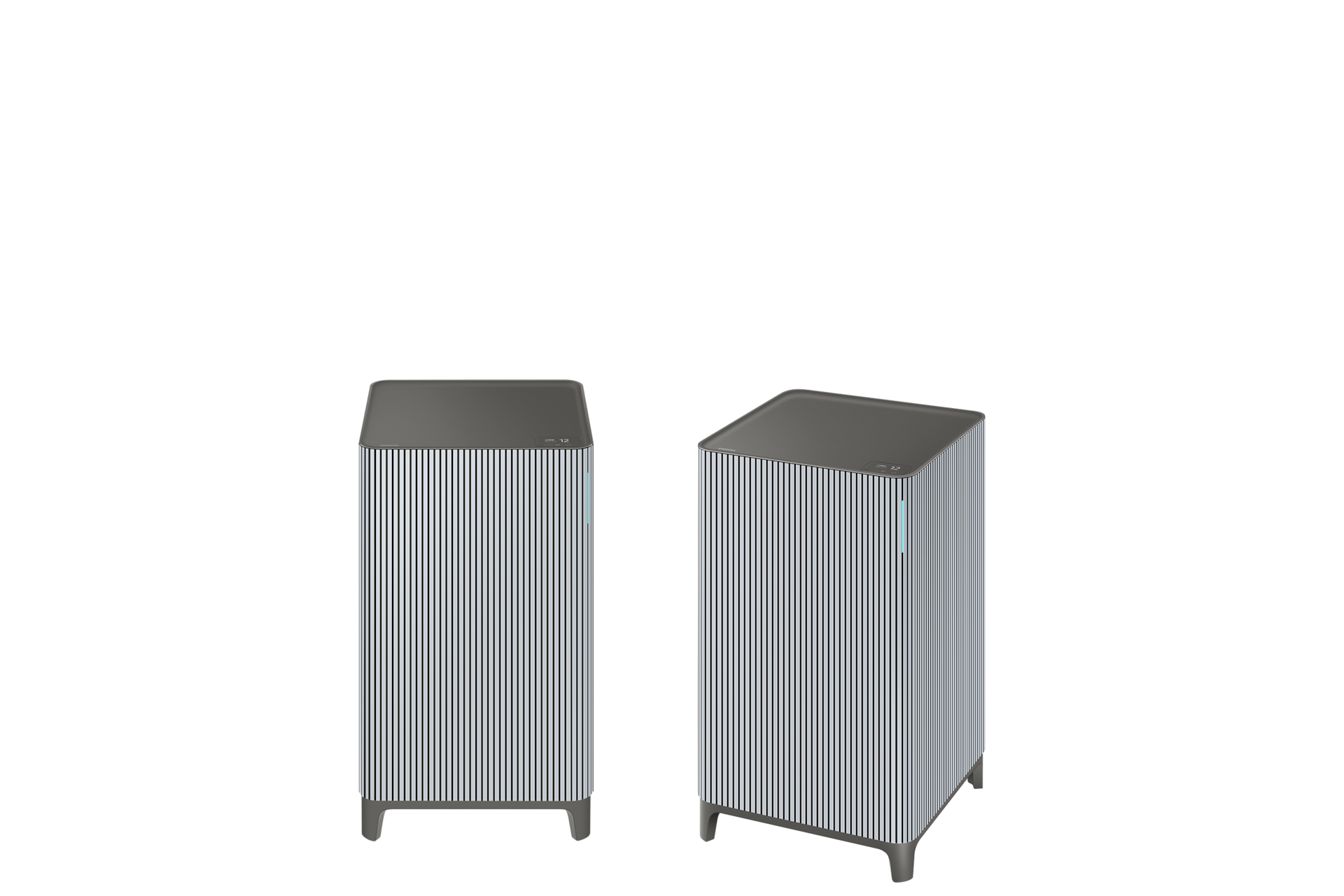 Infinite AI 공기청정기 (33㎡, S 필터) 더블 패키지 에센셜 블루 그레이 정면과 좋음 청정라이팅이 보이는 오른쪽 측면