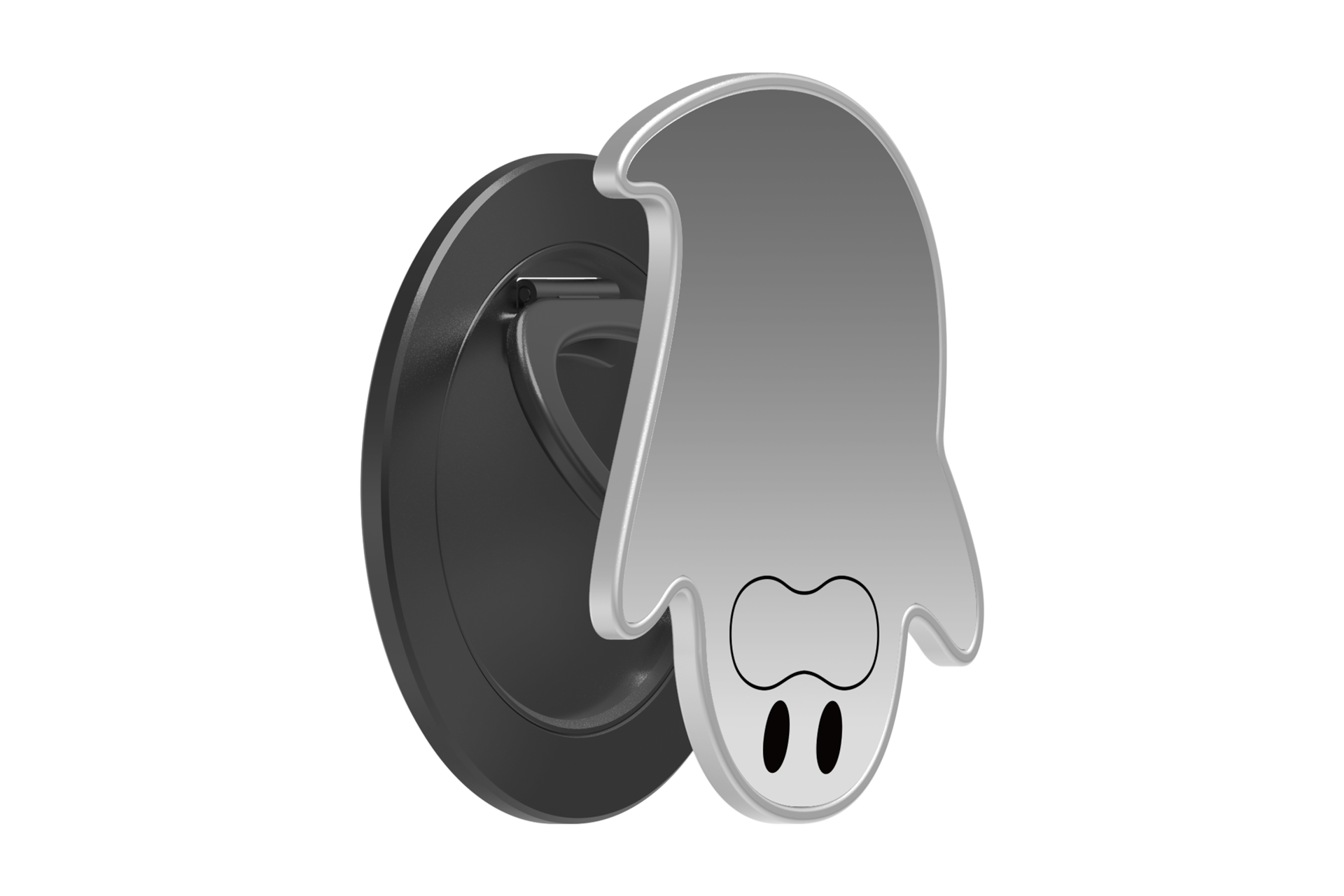 마그넷 미러 그립 스탠드 (고스트) (실버) 그립이 반 펼쳐지고 미러가 180도 돌아간 우측으로 45도 돌아간 정면 이미지