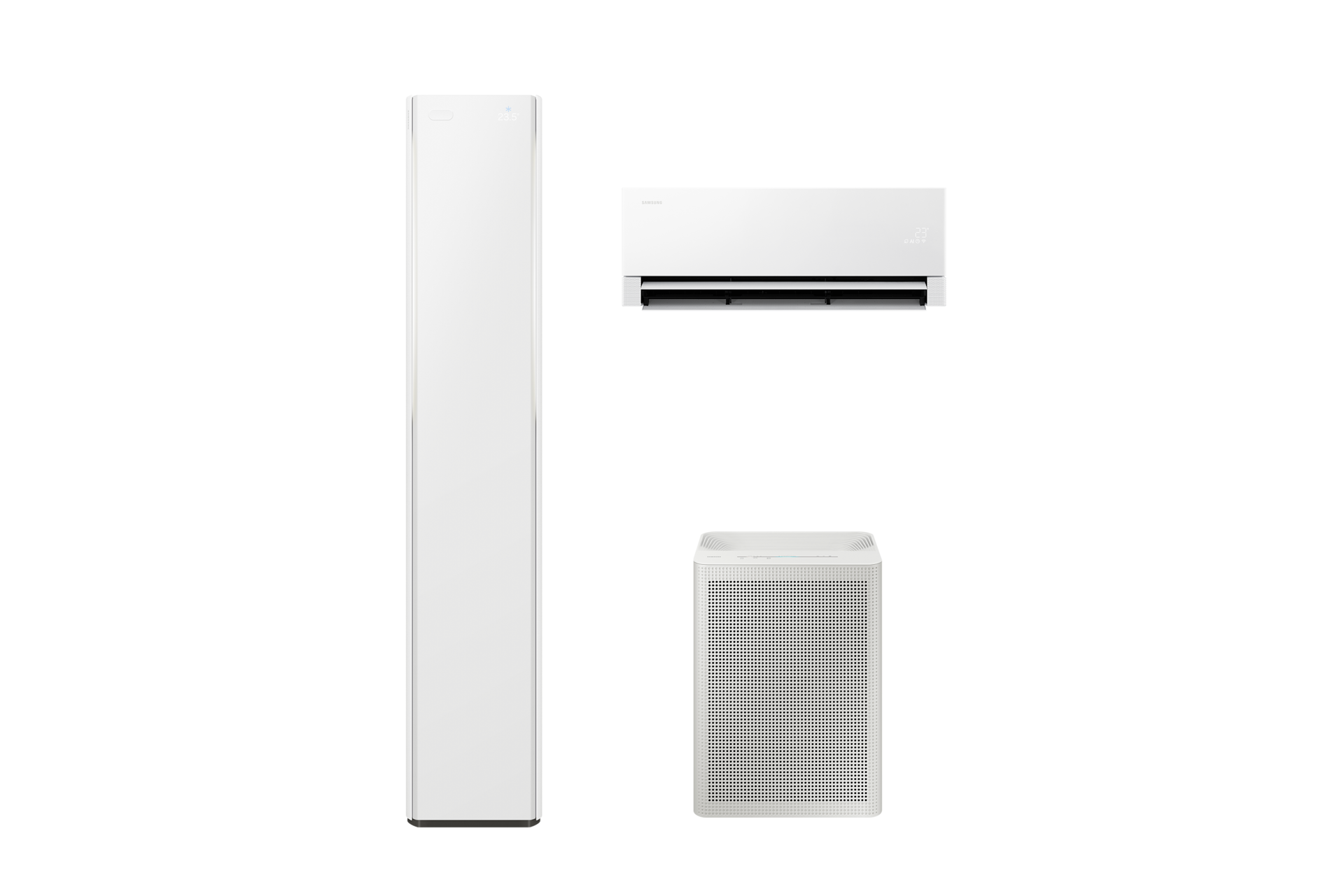 Bespoke AI 무풍콤보 갤러리 프로 청정 56.9/18.7㎡+블루스카이 3100 33.1㎡ 전원이 켜져 있는 좌측 스탠드 에어컨 우측 상단 벽걸이 에어컨 우측 하단 공기청정기