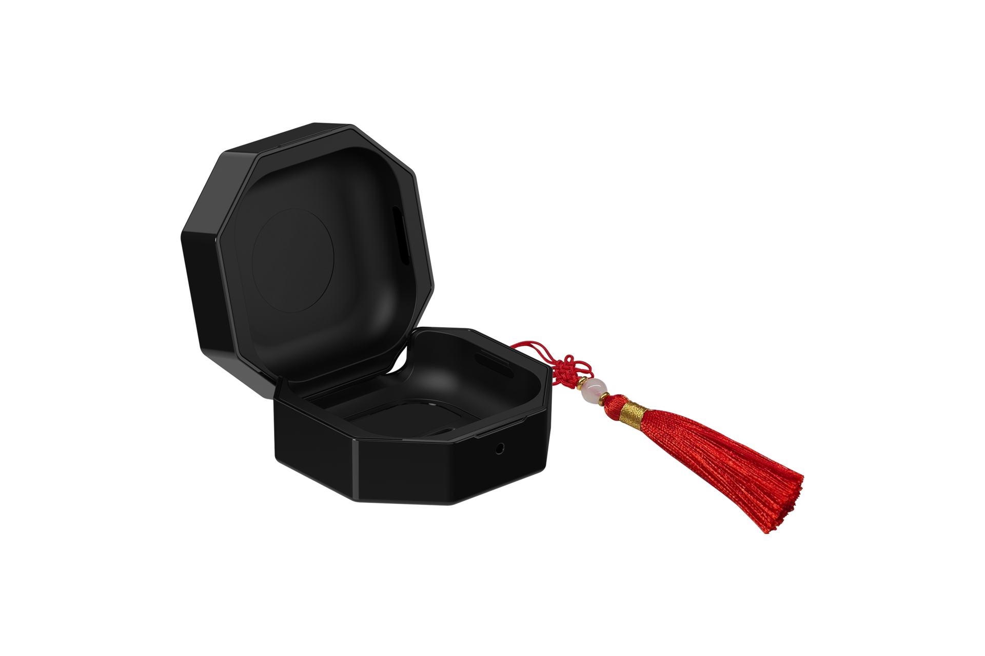 갤럭시 버즈4｜버즈4 프로 케이스 (호랑이 전통 문양) (블랙) 덮개가 열린 우측으로 45도 돌아간 이미지