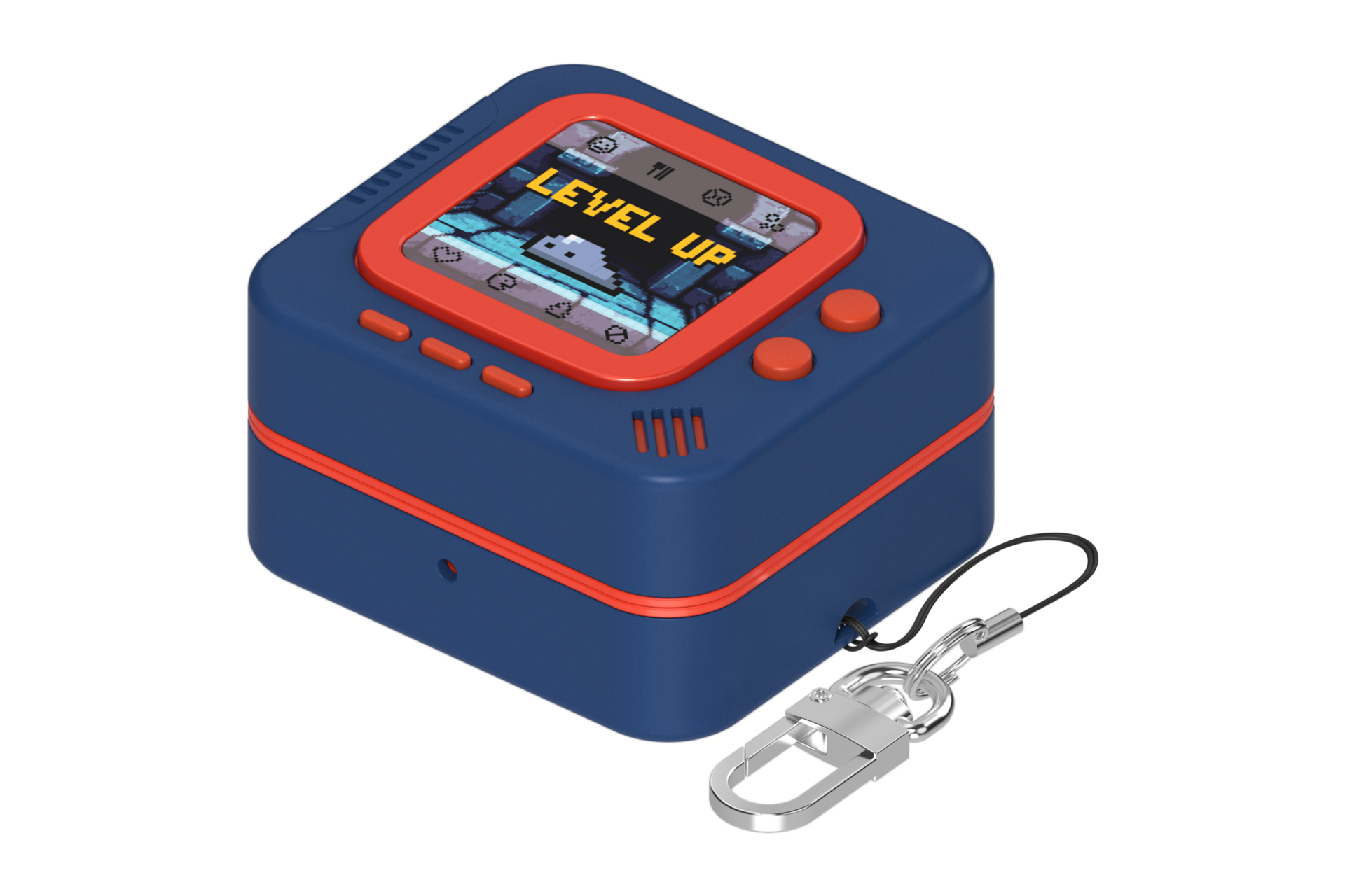 갤럭시 버즈4｜버즈4 프로 케이스 (레트로 픽셀 레벨업) (네이비) 좌측으로 45도 돌아간 정면 이미지