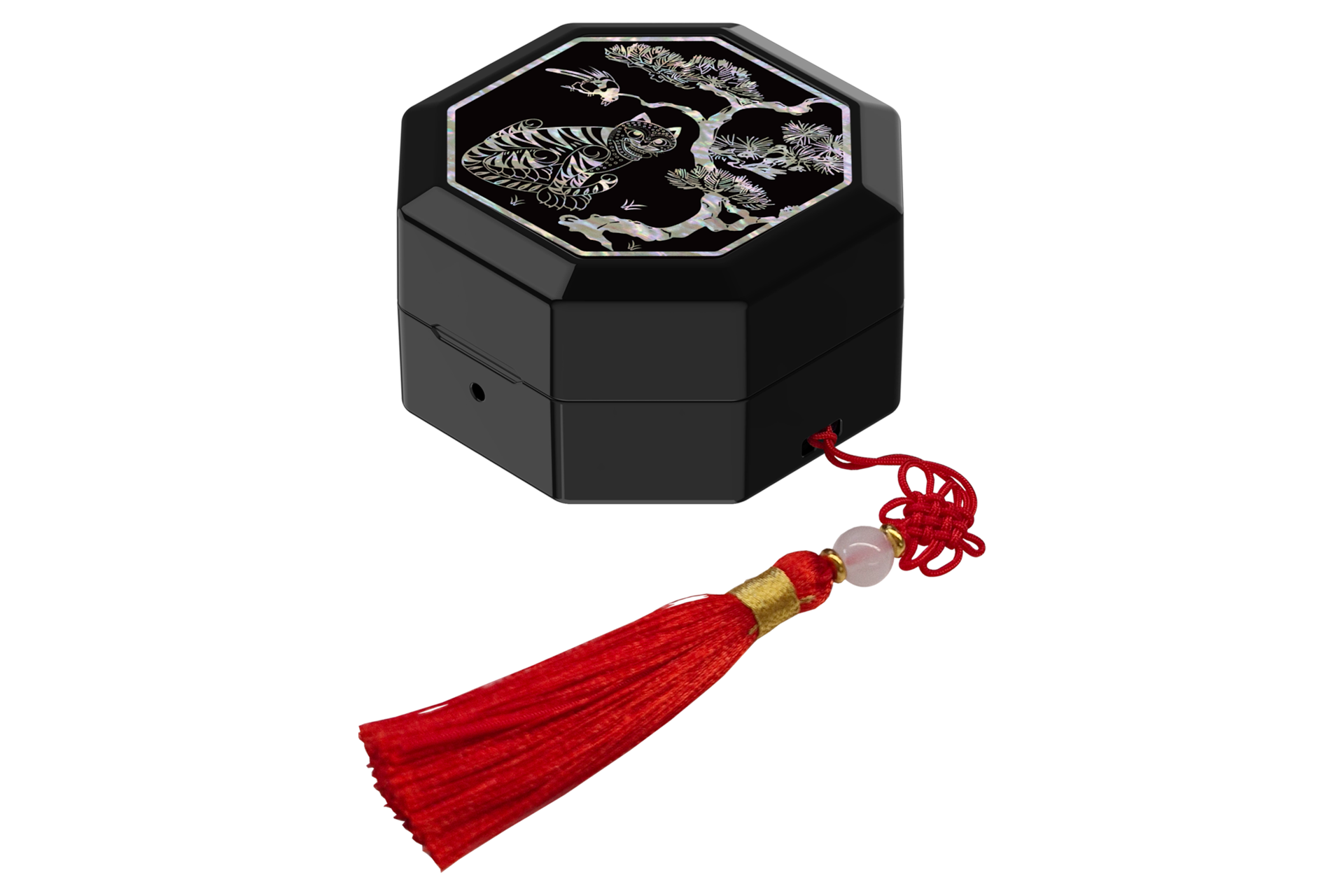 갤럭시 버즈4｜버즈4 프로 케이스 (호랑이 전통 문양) (블랙) 좌측으로 45도 돌아간 정면 이미지