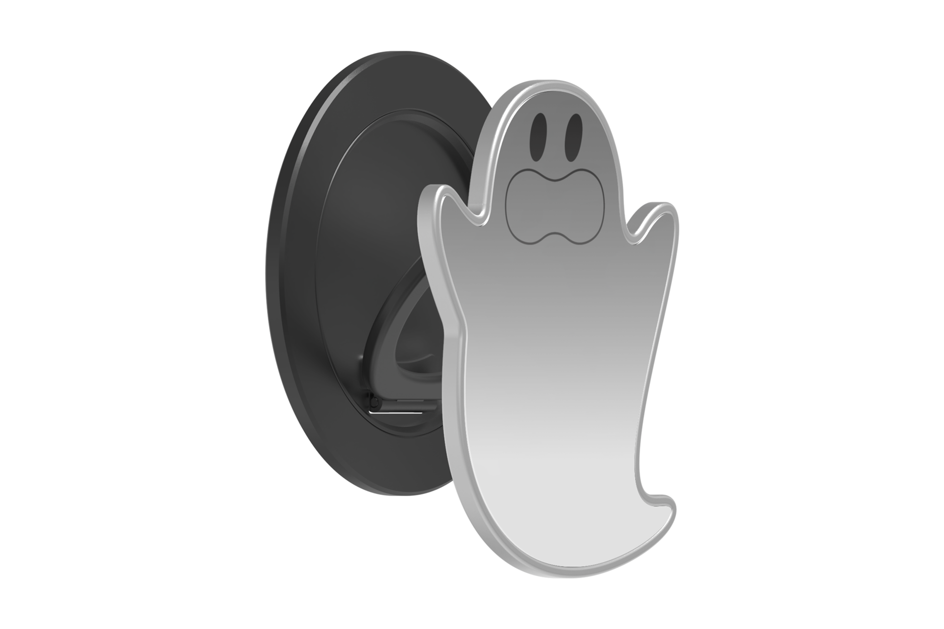 마그넷 미러 그립 스탠드 (고스트) (실버) 그립이 반 펼쳐진 우측으로 45도 돌아간 정면 이미지