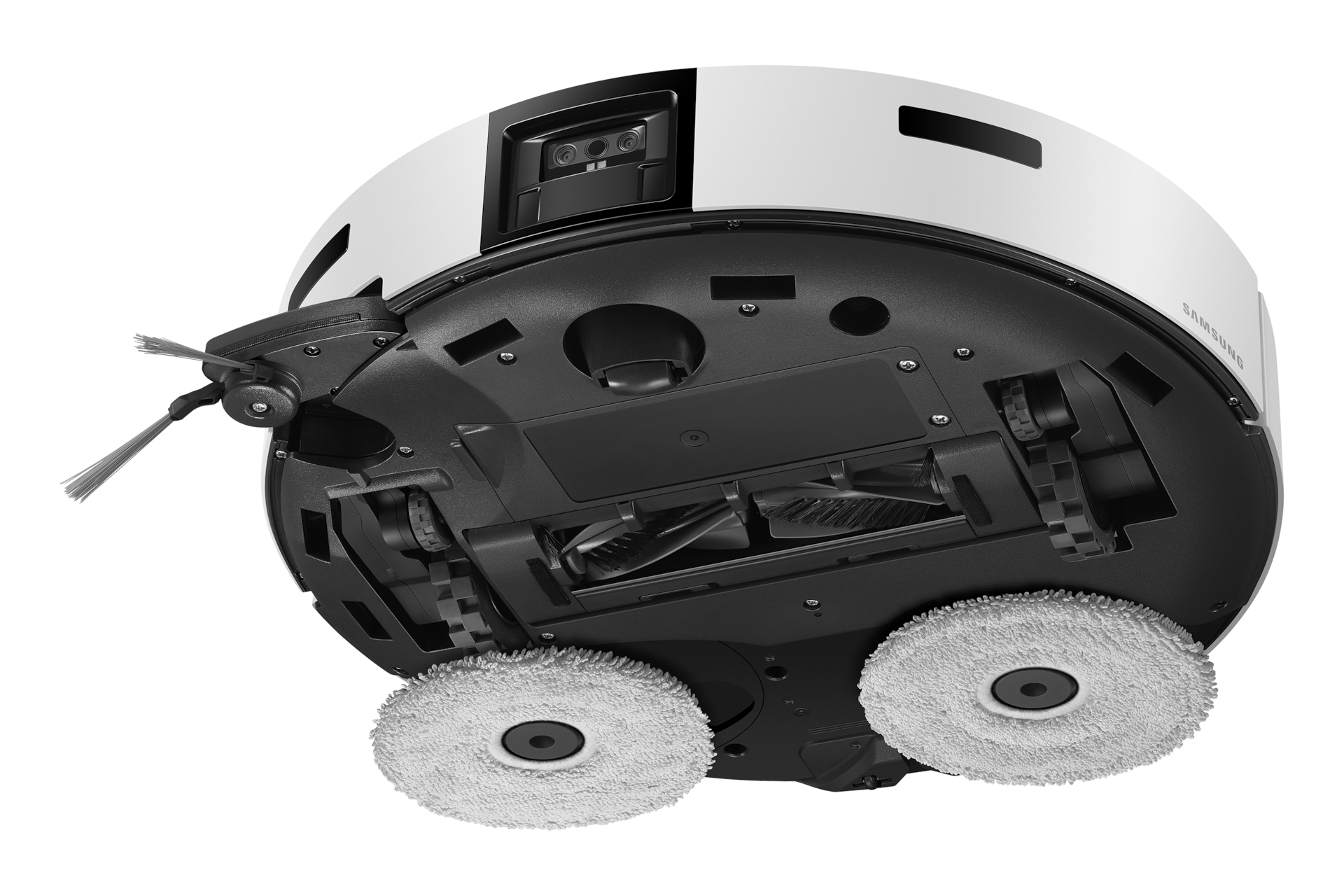 Bespoke AI 스팀 플러스 새틴 그레이지 사이드 브러시와 물걸레가 팝아웃된 하단