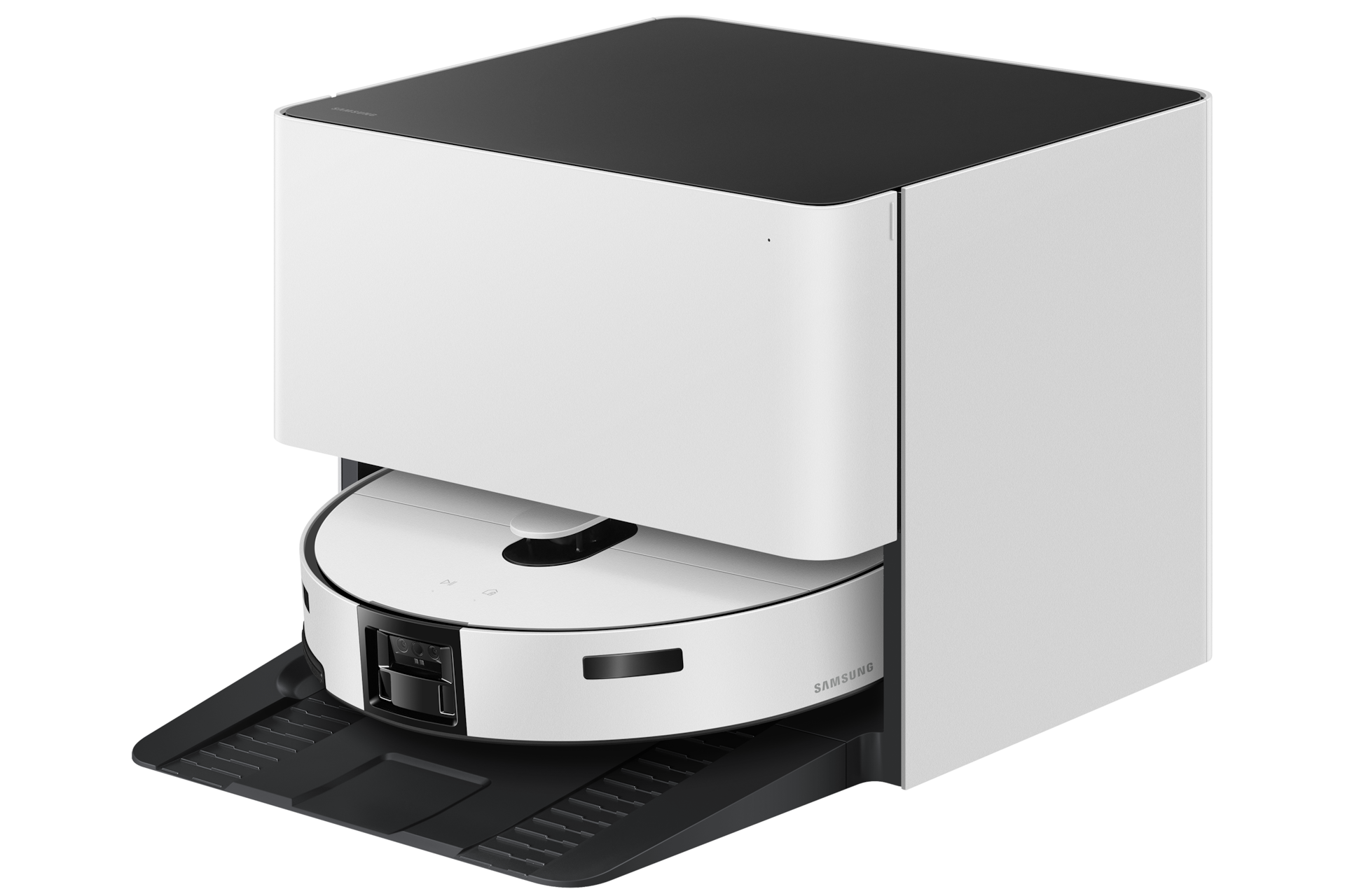 Bespoke AI 스팀 플러스 자동 급배수 새틴 그레이지 자동 급배수 스팀 청정스테이션에 도킹 되어있는 오른쪽 측면