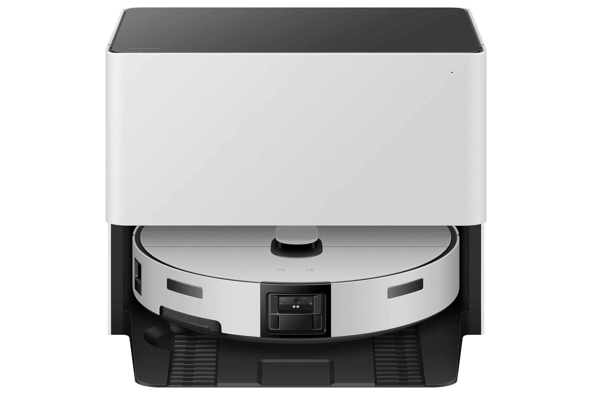 Bespoke AI 스팀 플러스 자동 급배수 새틴 그레이지 자동 급배수 스팀 청정스테이션에 도킹 되어있는 정면 