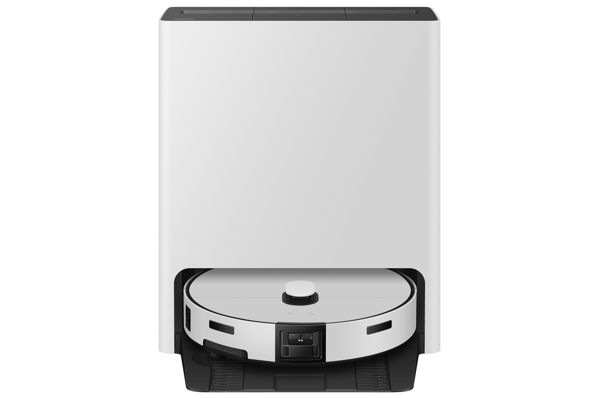 Bespoke AI 스팀 플러스 새틴 그레이지 스팀 청정스테이션에 도킹 되어있는 정면