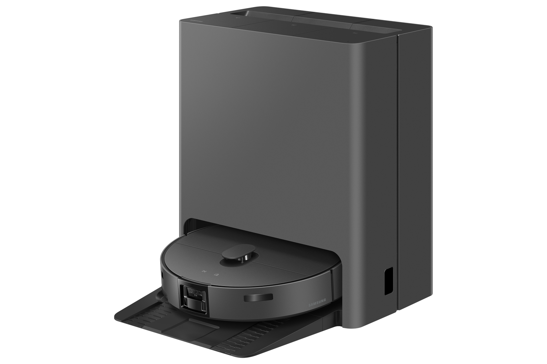 Bespoke AI 스팀 플러스 새틴 차콜 스팀 청정스테이션에 도킹 되어있는 오른쪽 측면