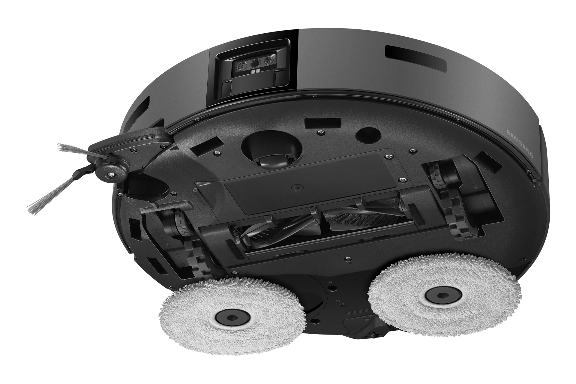 Bespoke AI 스팀 플러스 새틴 차콜 사이드 브러시와 물걸레가 팝아웃된 하단