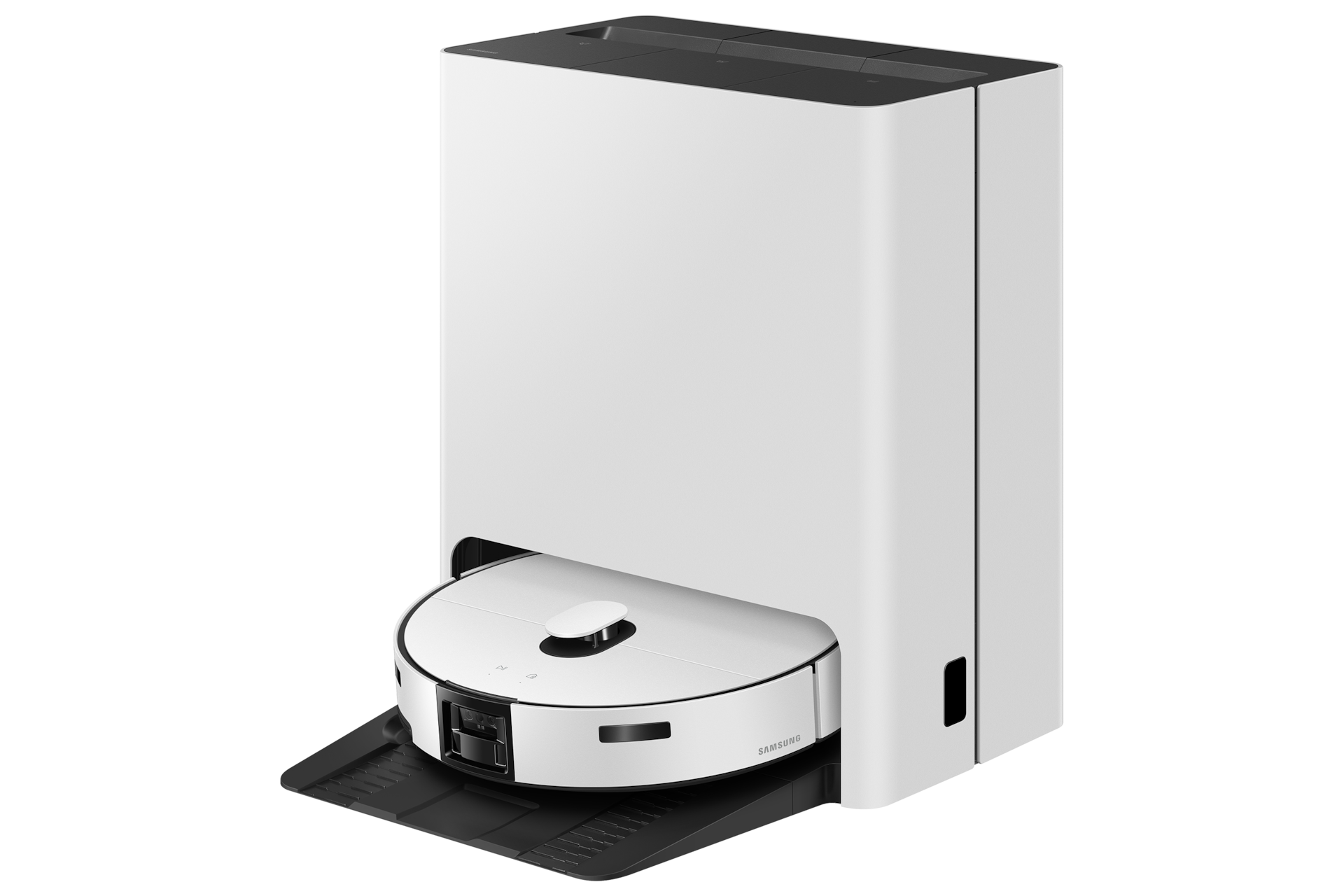 Bespoke AI 스팀 플러스 새틴 그레이지 스팀 청정스테이션에 도킹 되어있는 오른쪽 측면