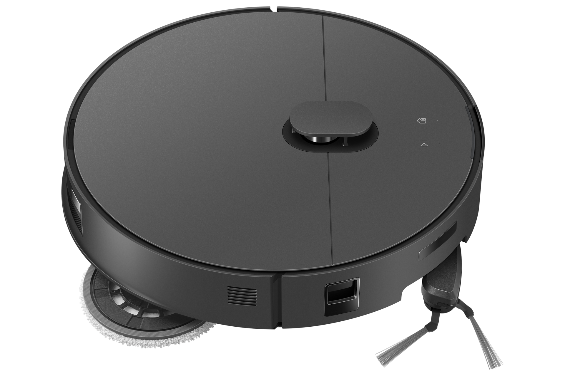 Bespoke AI 스팀 플러스 새틴 차콜 사이드 브러시와 물걸레가 팝아웃된 왼쪽 측면