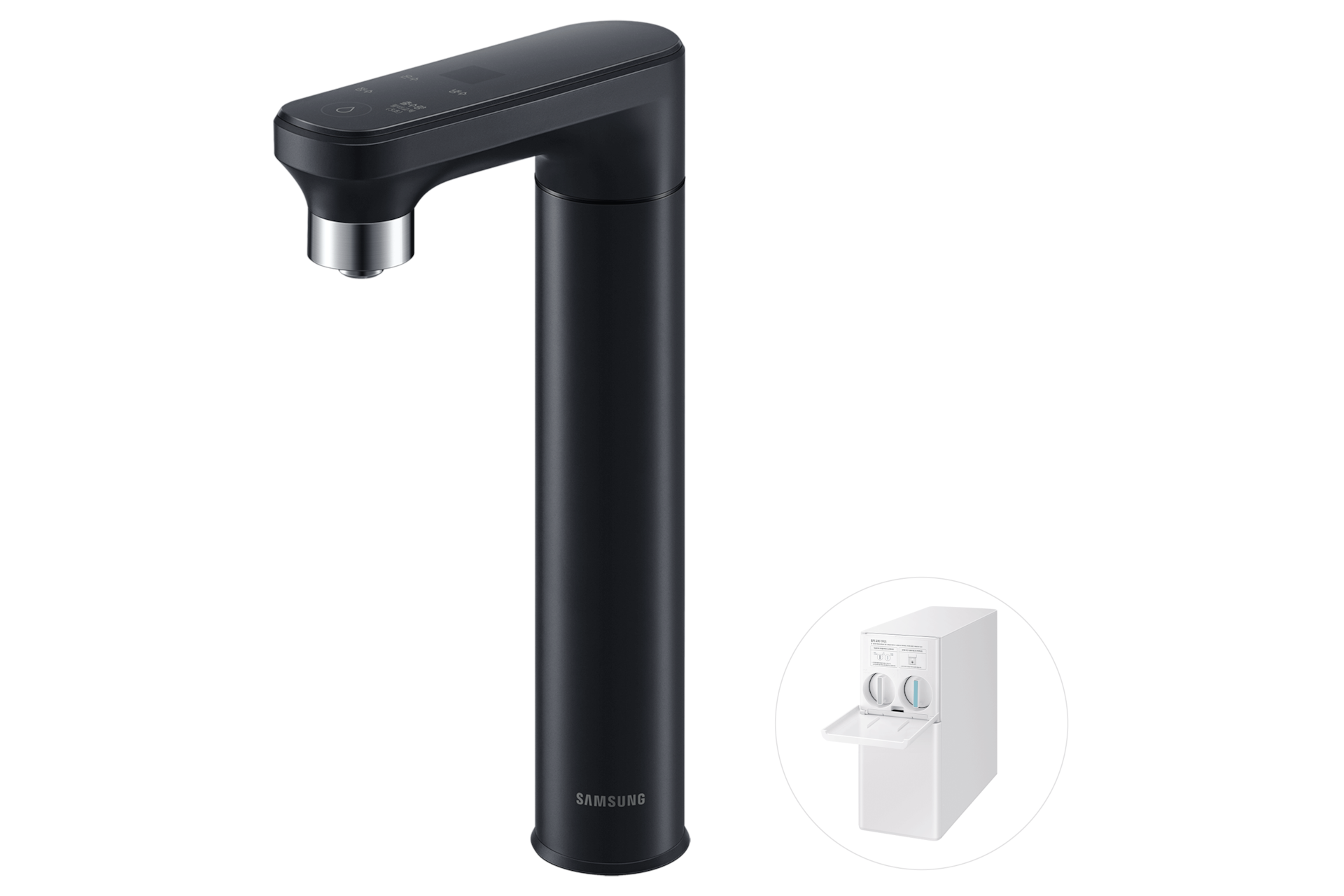 Bespoke 정수기 일체형 (냉/온/정수) 오프 블랙 파우셋 우측 탑뷰+본체