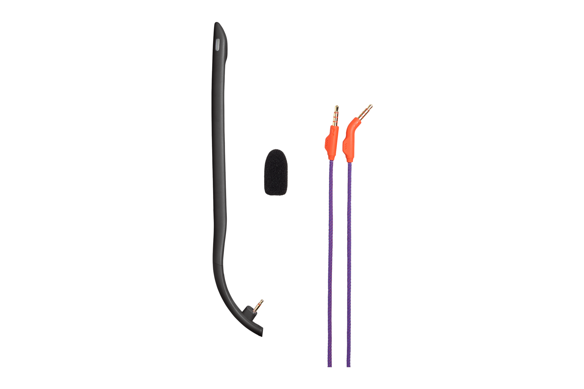 JBL QUANTUM 250 게이밍 헤드셋의 구성품인 탈착식 붐 마이크, 붐 마이크용 윈드실드 폼, 3.5mm 오디오 캐이블