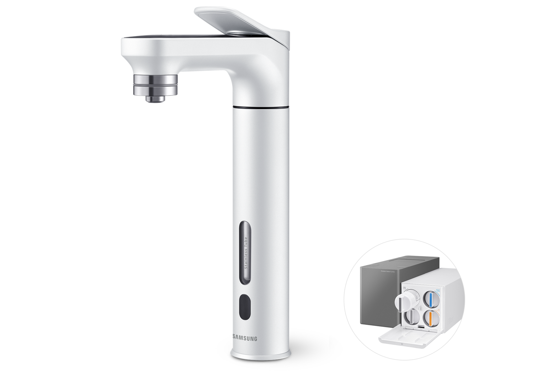 Bespoke 정수기 메인 파우셋 (냉/온/정수) 알루 화이트 파우셋 우측면+본체