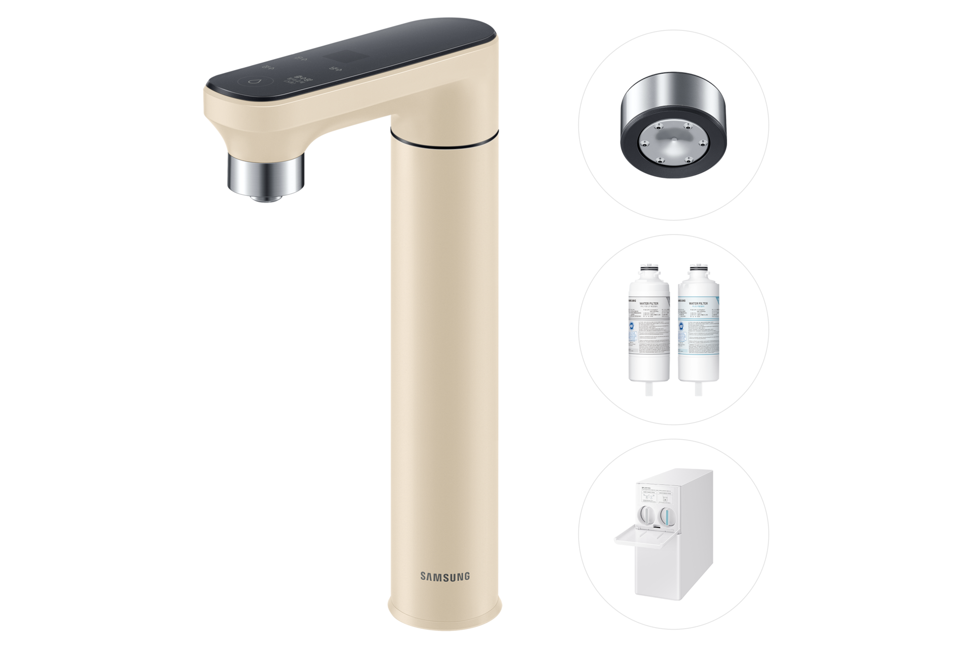 Bespoke 정수기 일체형 (냉/온/정수)+브루어 키트+교체용 필터 1SET 멜로우 베이지 파우셋 우측면 탑뷰, 브루어 키트, 교체용 필터, 정수기 본체