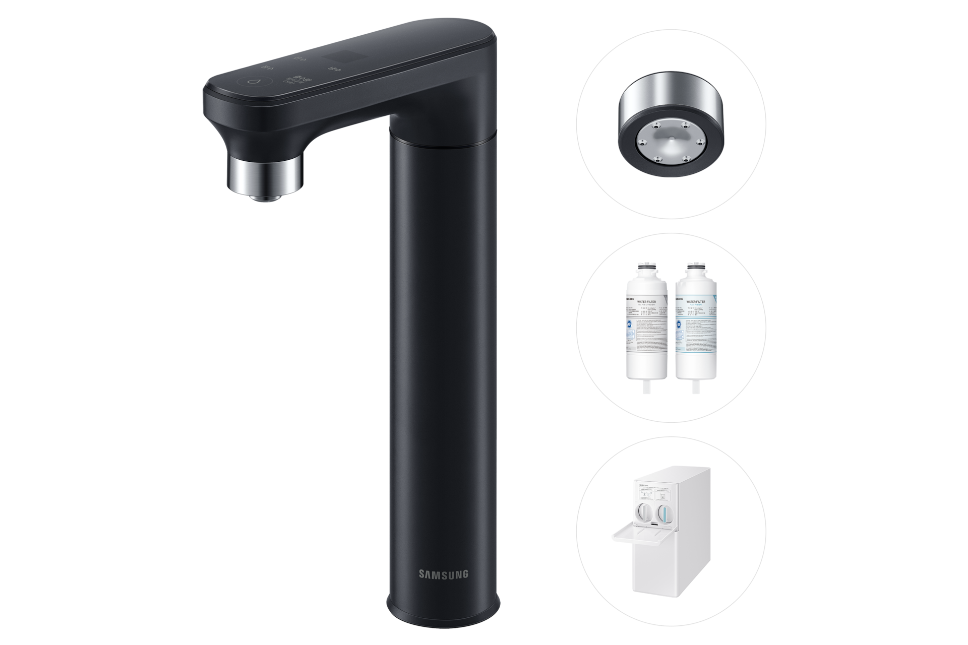 Bespoke 정수기 일체형 (냉/온/정수)+브루어 키트+교체용 필터 1SET 오프 블랙 정수기 우측 탑뷰+브루어 키트+교체용 필터+본체