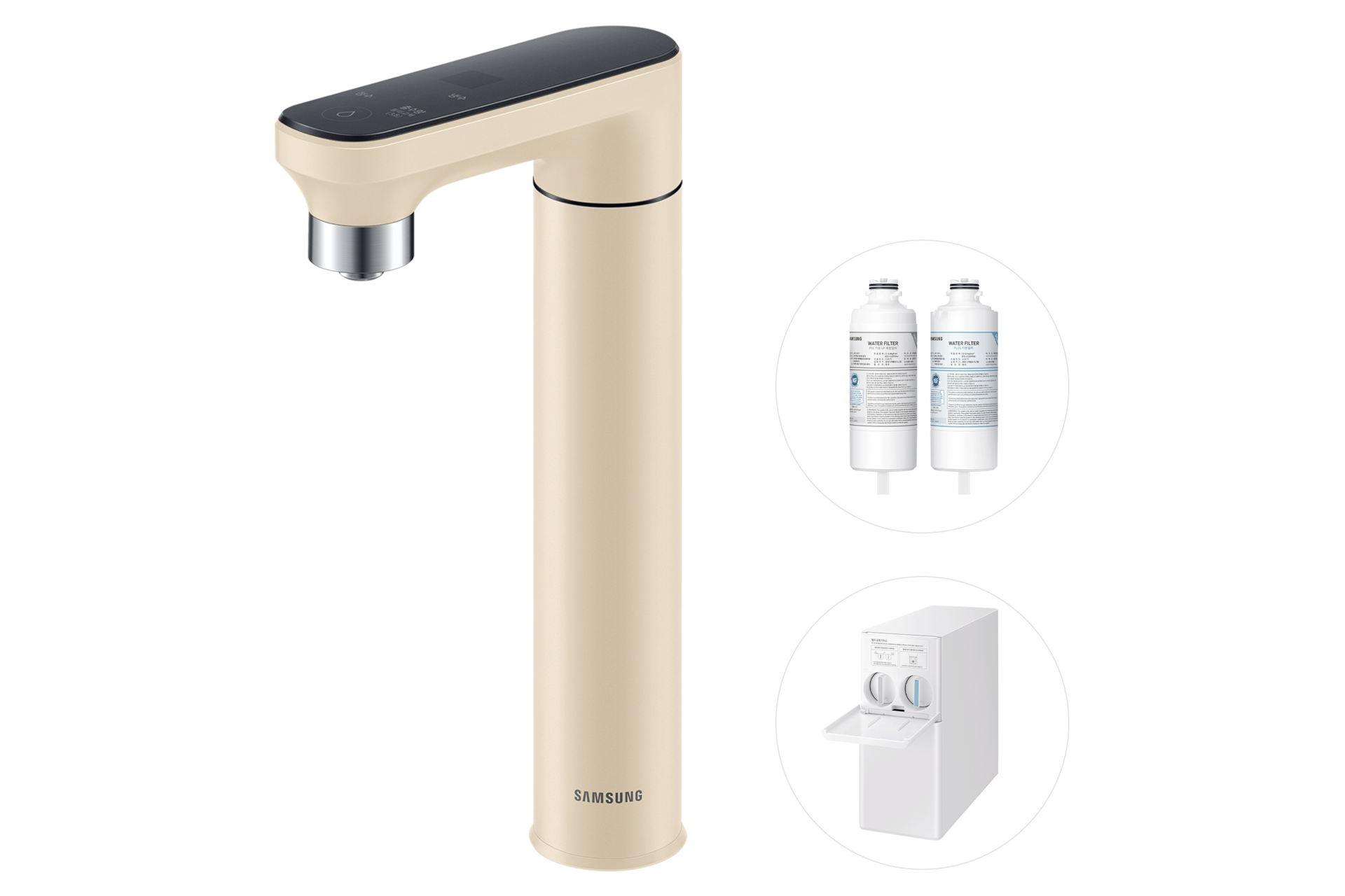 Bespoke 정수기 일체형 (냉/정수)+교체용 필터 1SET 멜로우 베이지 파우셋 우측 탑뷰+교체용 필터+본체