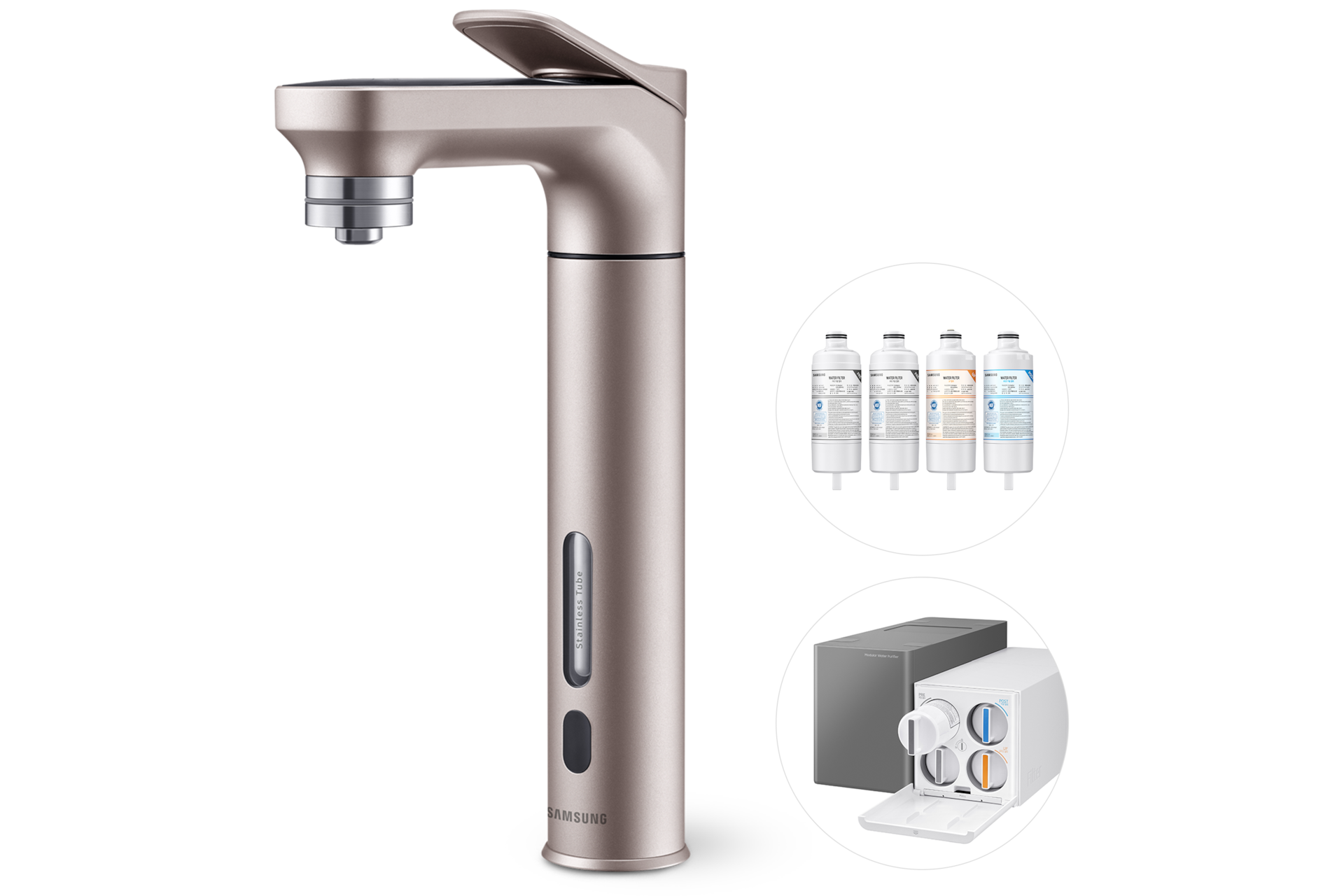 Bespoke 정수기 메인 파우셋 (냉/온/정수)+교체용 필터 1SET 알루 로즈골드 파우셋 우측+교체용 필터+본체