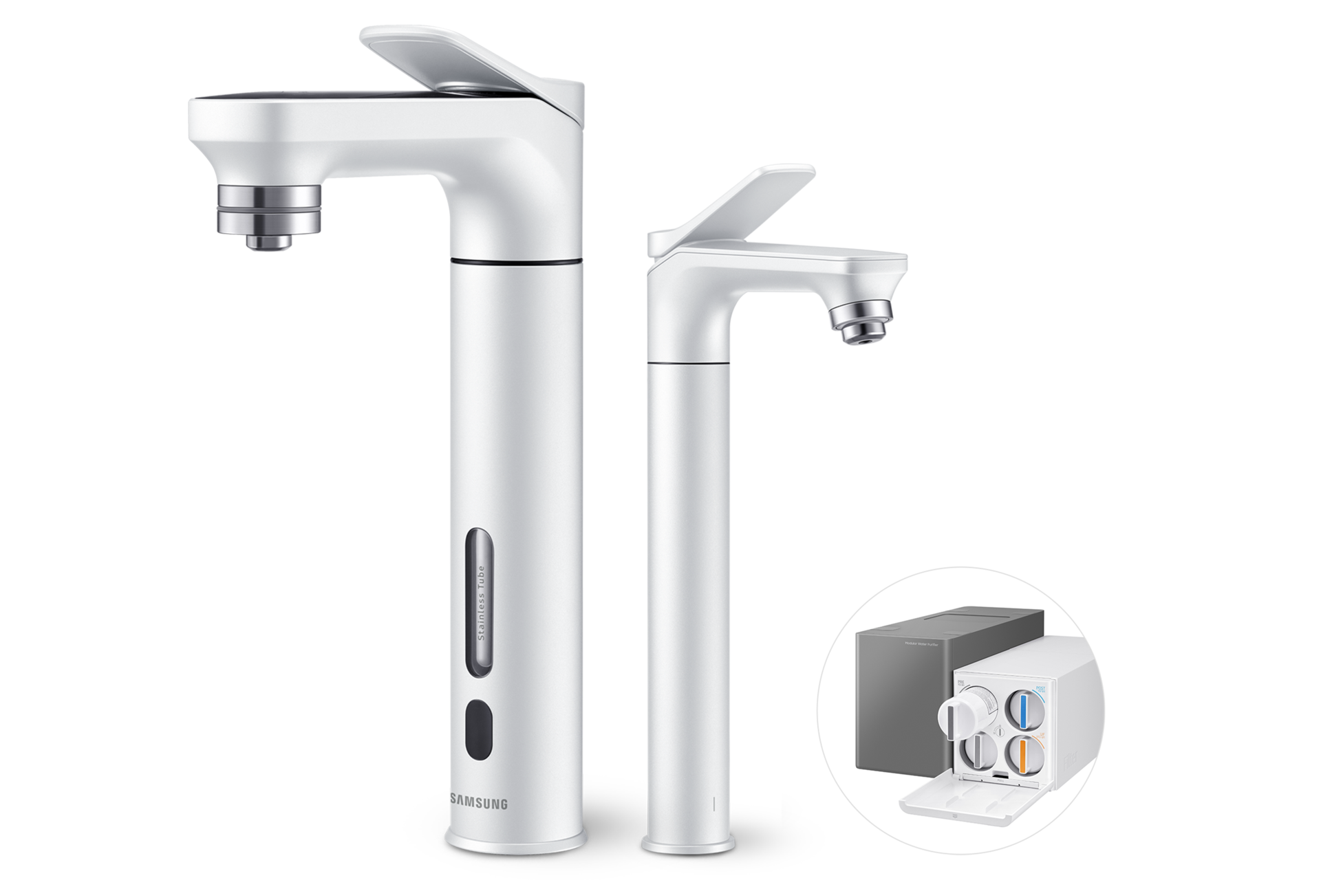 Bespoke 정수기 메인 파우셋+서브 파우셋 (냉/정수) 알루 화이트 메인 파우셋 우측면+서브 파우셋 좌측면+본체