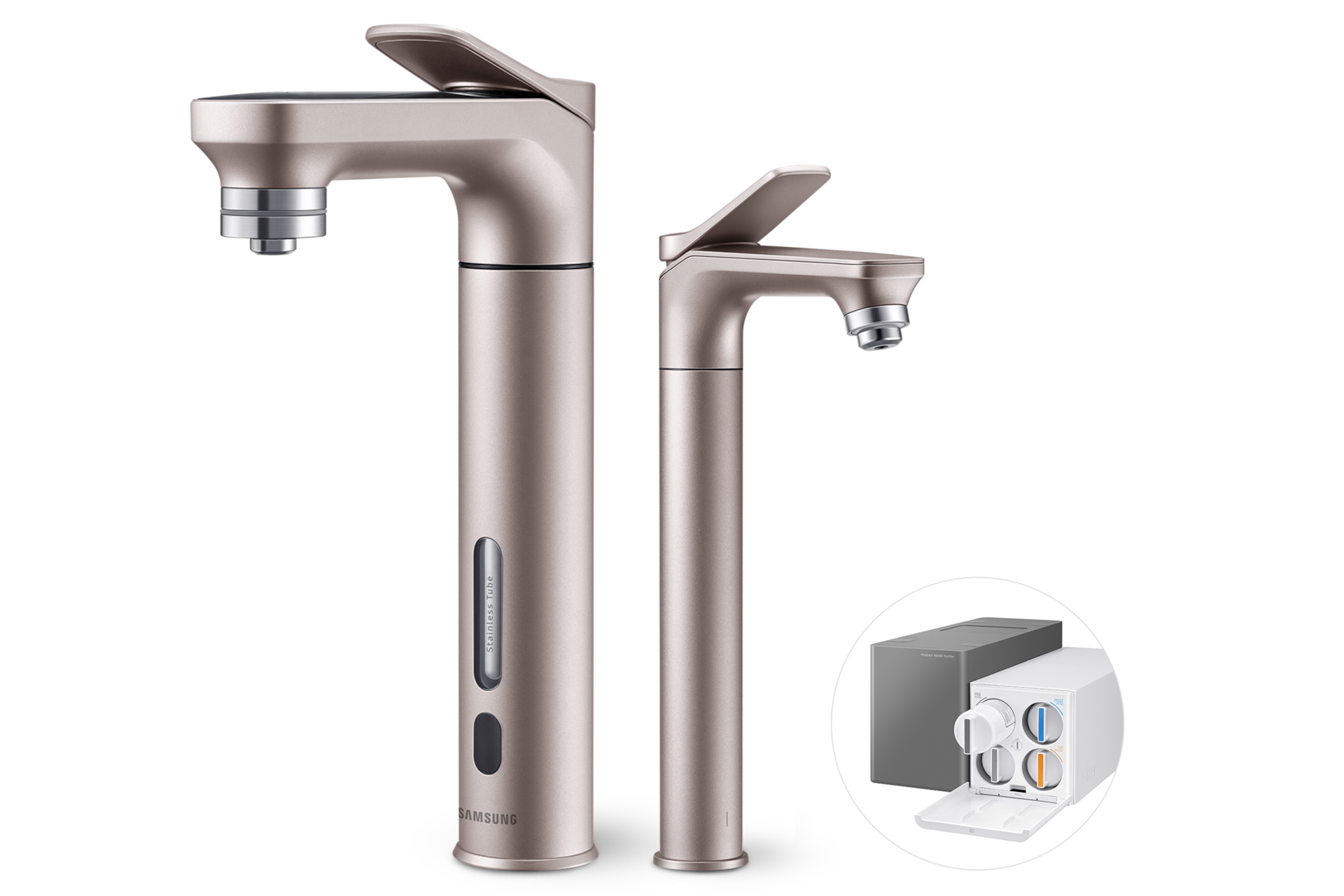 Bespoke 정수기 메인 파우셋+서브 파우셋 (냉/정수) 알루 로즈골드 메인 파우셋 우측면+서브 파우셋 좌측면+본체