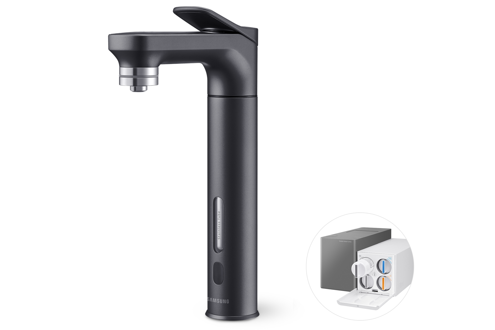 Bespoke 정수기 메인 파우셋 (냉/온/정수) 알루 블랙 파우셋 우측면+본체