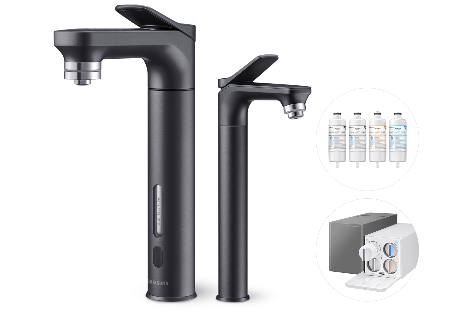 Bespoke 정수기 메인 파우셋+서브 파우셋 (냉/온/정수)+교체용 필터 1SET 알루 블랙 메인 파우셋 우측+서브 파우셋 좌측+교체용 필터+본체