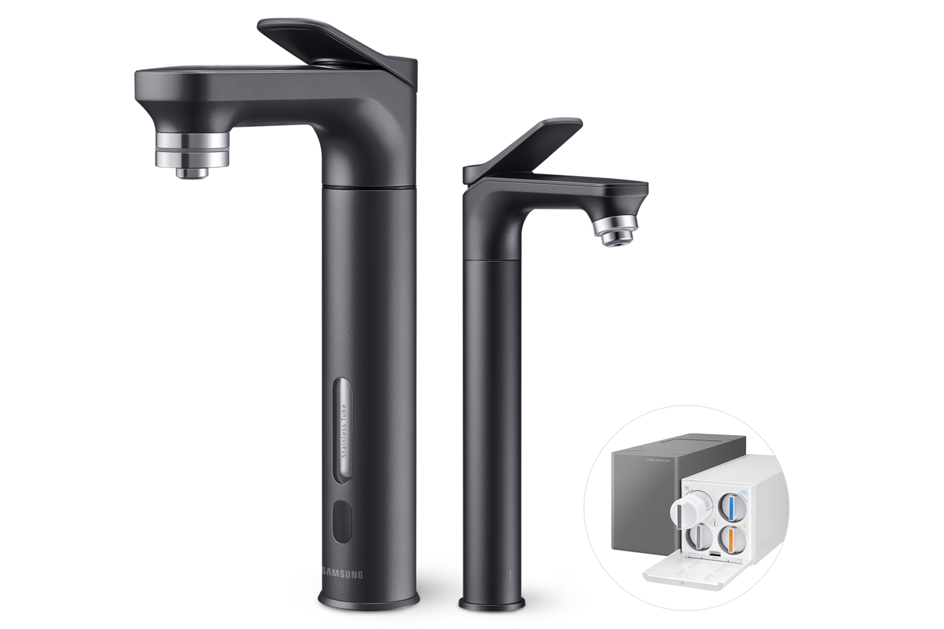 Bespoke 정수기 메인 파우셋+서브 파우셋 (냉/온/정수) 알루 블랙 메인 파우셋 우측면+서브 파우셋 좌측면+본체